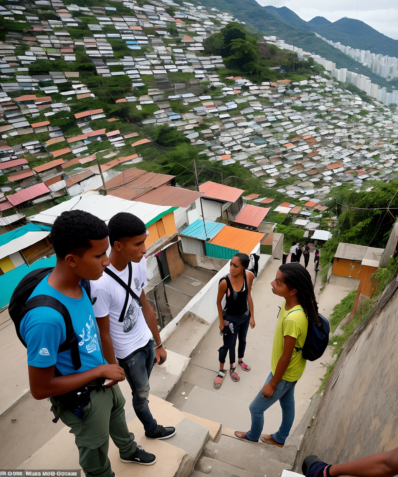 Pobreza urbana, favela, Two young men and a young woman smoking at the top of a hill in the South Zone of Rio de Janeiro next to rifles on the ground