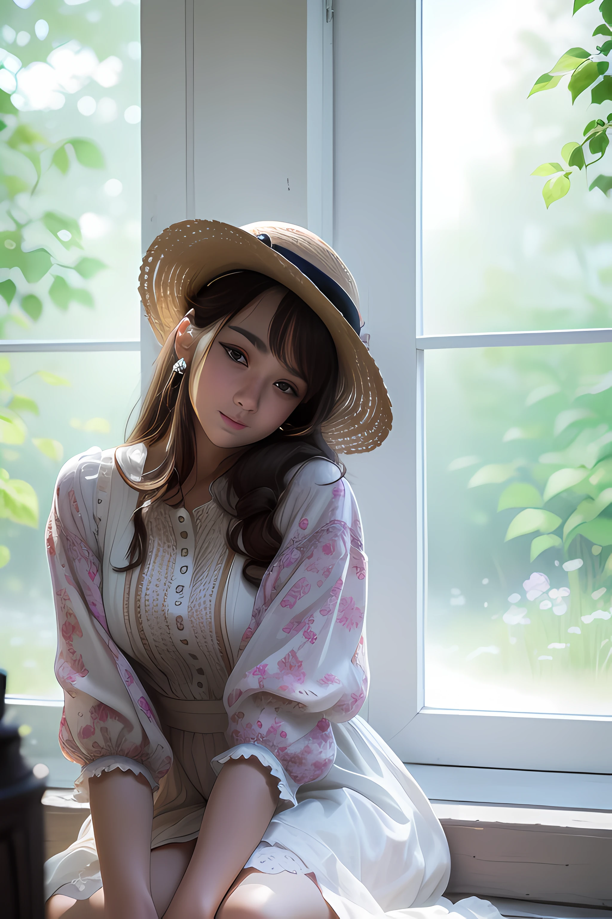 Best Quality, Masterpiece, High Resolution, (Realistic: 1.4), Original face, white Skin, Simple Background, Brown Eyes, thinking, 1 Girl, White Dress, Breeze, Sunshine, Garden, happiness, Enjoyment, Straw Hat, Golden Hour