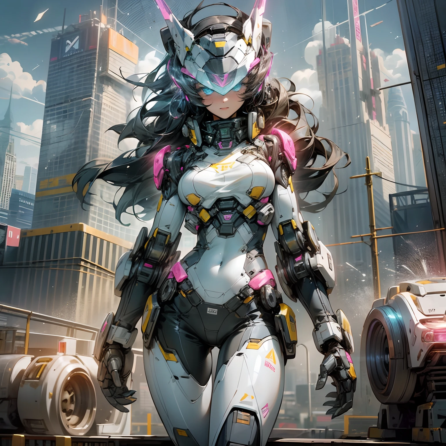 (outstanding, professional, surreal), towering buildings rise from the ground to form a magnificent landscape of the futuristic city. In the center of the picture, a huge and magnificent robot mech stands tall. Its pink metal shell shimmers, and the delicate textures and intricate lines of the robot mech outline its high-tech figure. The robot mech is tall, exuding an unparalleled sense of majesty and power. The robot mech has bright LED lights embedded in its shoulders, flashing in various bright colors, like the bright stars of the future city. Its arms are equipped with powerful energy weapons and are ready to meet the challenges of battle. Standing next to the robot, we see a striking age girl. She wears a black leather jacket and close-fitting black stockings, highlighting her perfect figure. The texture of the black leather jacket contrasts with the metallic texture of the robot, showing a unique visual effect. The girl's firm and resolute eyes show that she is fearless, (the girl is in good shape, wearing leather clothes, showing her navel, medium breasts, and clear facial details)