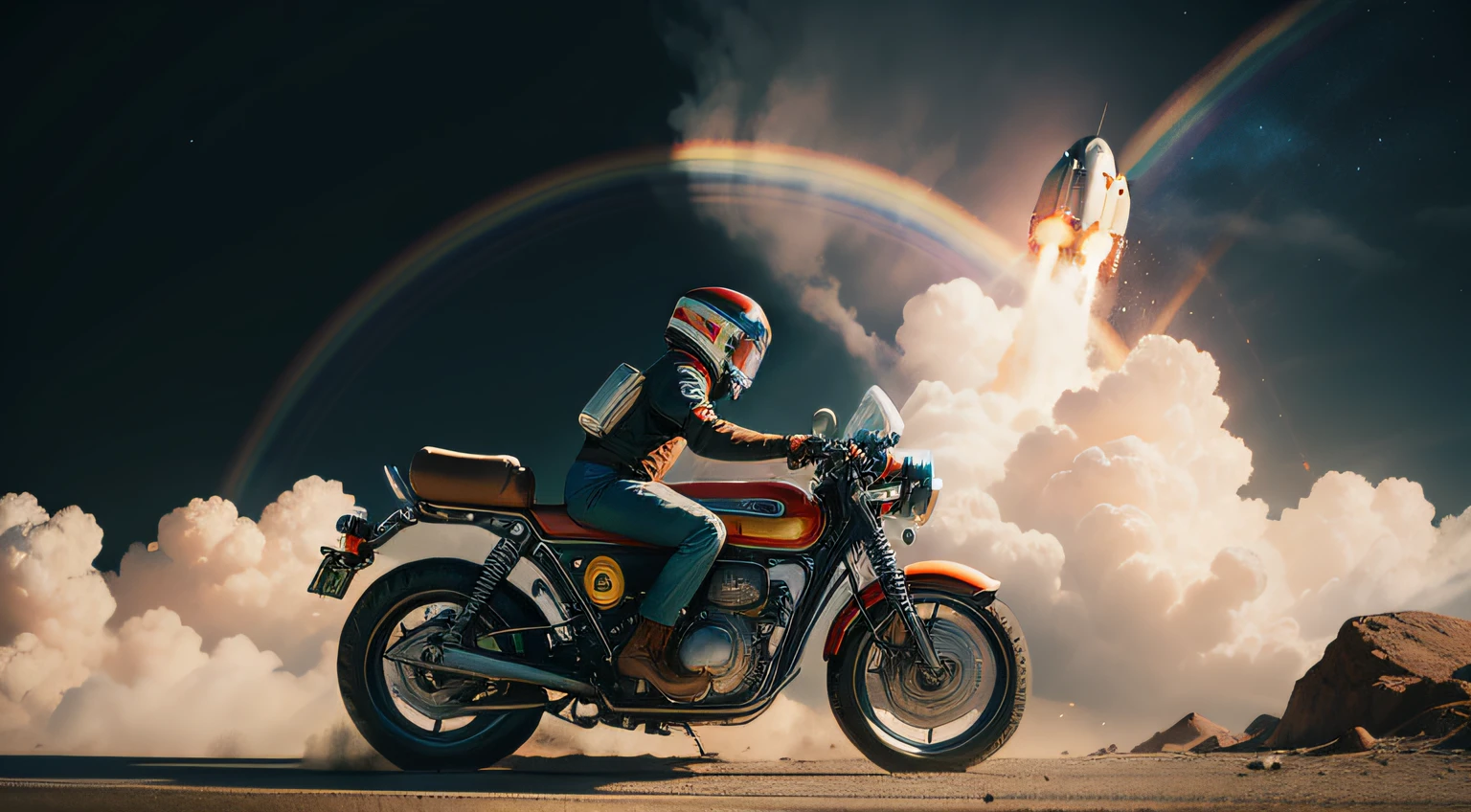 retro style photography, rocket motorcycle traveling through space between planets under a rainbow