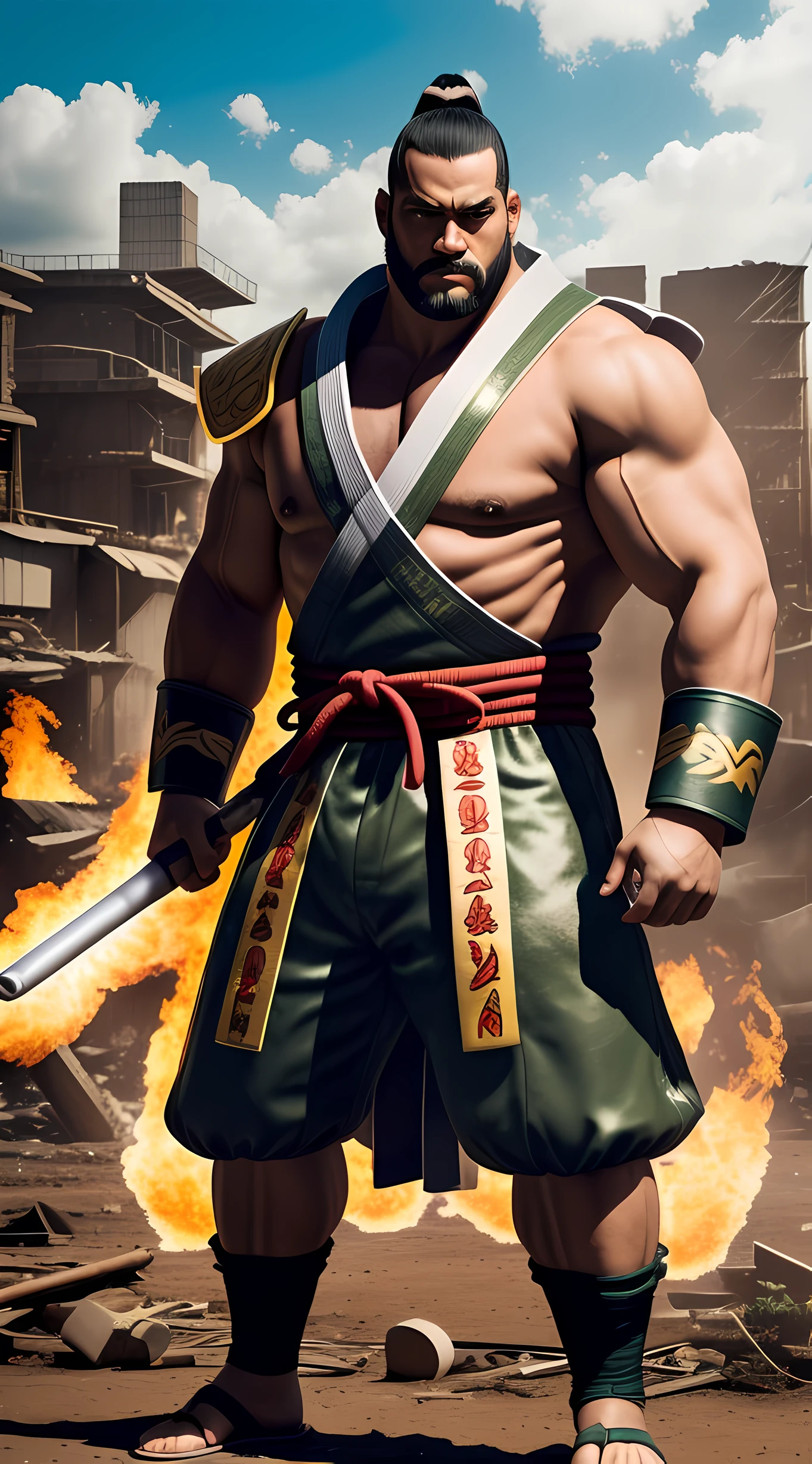 1homem ((Ganryu, Personagem do jogo Tekken)), (sumo costume:1,3) in a battlefield setting in the middle of a destroyed city, (Full body self-portrait posing for camera:1.3), 24 mm, (((foco nítido:1.5))), (((profundidade de nitidez:1.5))), (fotorrealista:1.5), (textura da pele:1), cinemactic, hiperdetalhado,