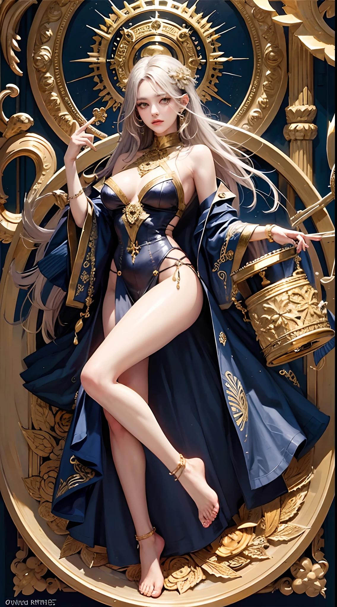 PerfectNwsjMajic，（tmasterpiece，top-quality，best qualityer，offcial art，Beauty and aesthetics：1.2），（1girl），extremedetailed，rich colourful，highest details，offcial art，Unity 8k壁纸，ultra - detailed，Beauty and aesthetics，big breasts beautiful，tmasterpiece，best qualtiy，（zentangle，mandala，Tangles，entangled），holy rays，gold foil，Gold leaf art，Flash drawings，are shoulders，The barefoot，Bigchest，shiny skins，shinny hair，，perfect  eyes，Perfect iris，full-body portraits