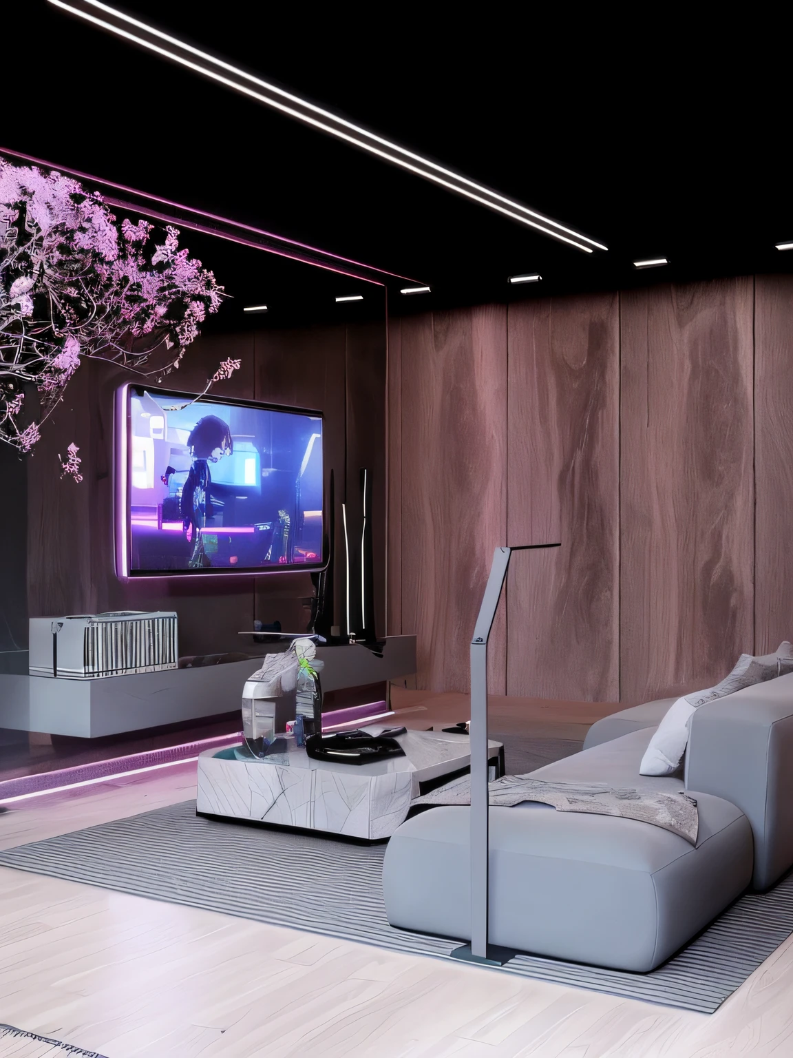 There is a large living room with a TV and a sofa, in a cyberpunk themed room, sala de estar futurista, Apartamento com paredes pretas, apartamento cyberpunk, futuristic decoration, neon ambient lighting, futuristic decoration, Cool purple gray lighting, dramatic neon lighting, cinematic mood lighting, cinematic accent lighting, O apartamento cyberpunk, soft neon purple lighting, with neon lighting, interior cyberpunk