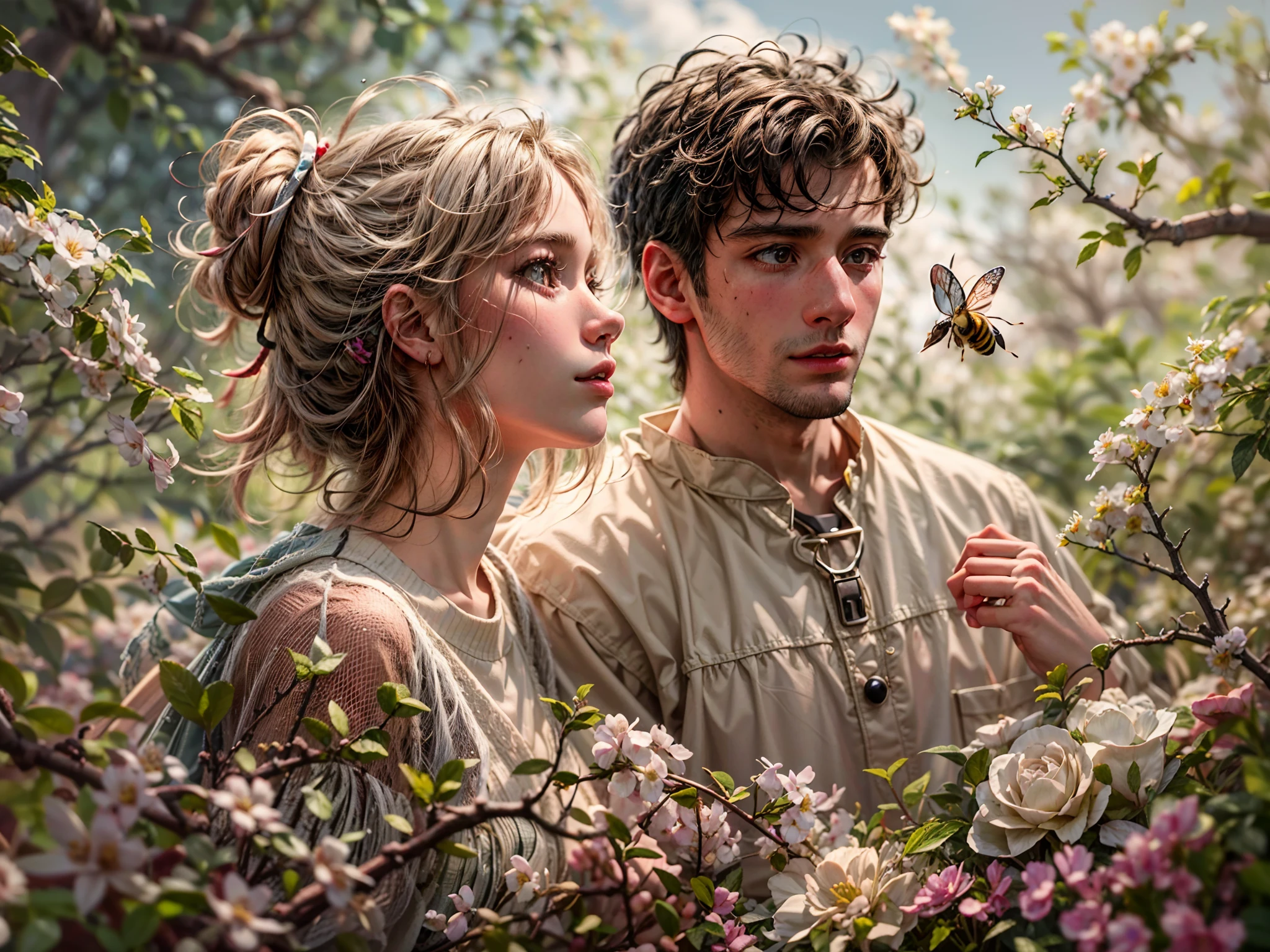 Hyperdetailed Oil painting, late spring, a (wholesome romantic couple rest in a meadow of whitethorn bush), (lady bug on flower), vivacious (bee tromping on pink threads), (chaffinch watching the scene from its grey mossy nest), masterpiece, masterwork, meticulous, intimate, nuanced, highest quality, highest fidelity, highest resolution, highres, highest detail, hyper-detailed, detail enhancement, deeply detailed, uhd, hdr, fhd, 8k, 16k, 32k, 64k, caustics, subsurface scattering, High Dynamic Range, Dynamic Tone Mapping, Specular reflection, sub-pixel convolution,