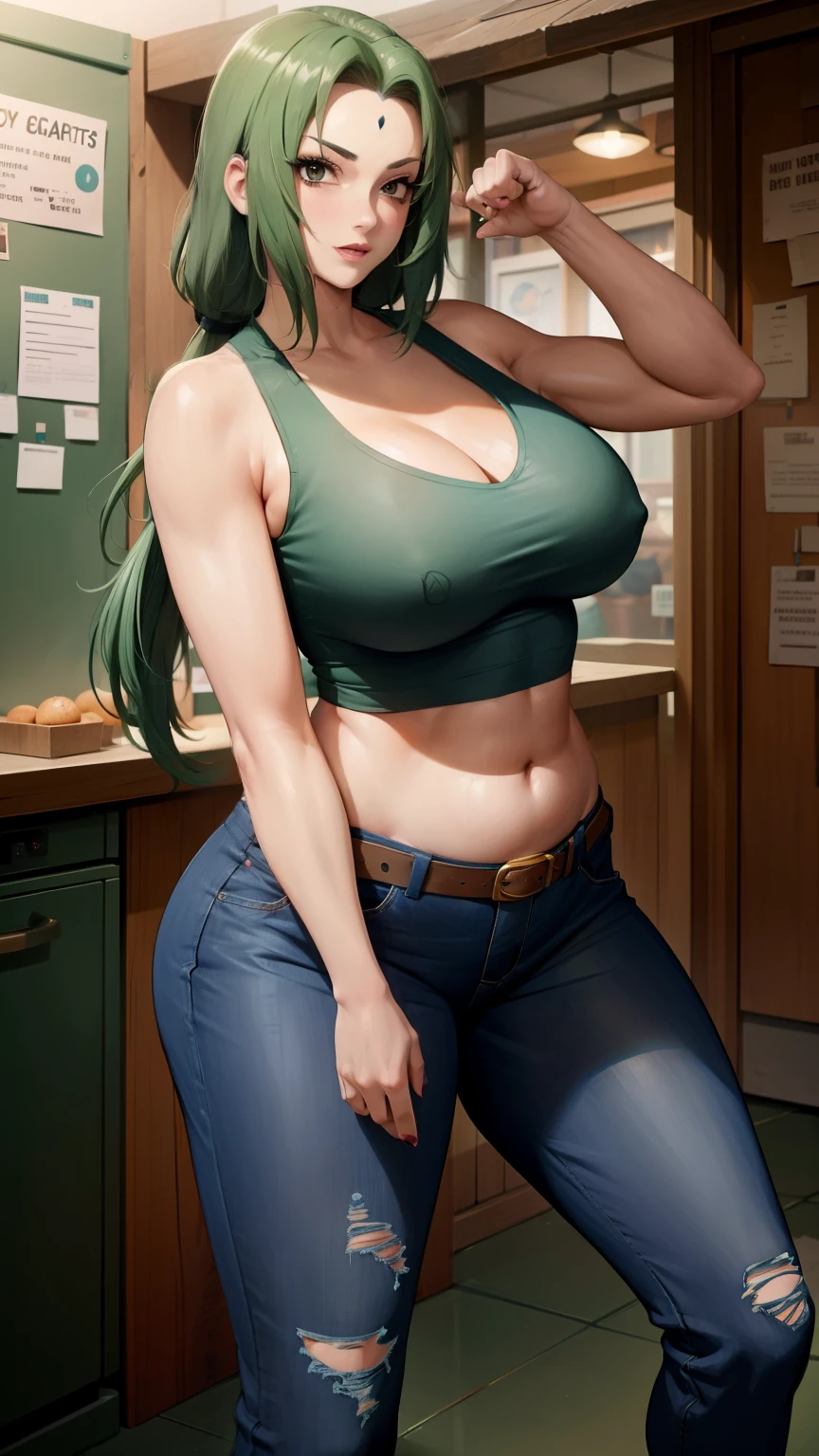 araffe woman in a green top and jeans holding a purse, skinny waist and thick hips, wearing a sexy cropped top, she has a jiggly fat round belly, with teal clothes, wearing tight simple clothes, thicc, wearing a cropped tops, wearing a low cut tanktop, her belly button is exposed, wearing crop top, wearing a cropped top