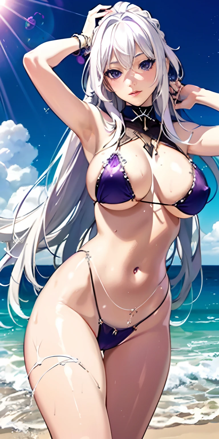 realistic, 1girl, white hair, purple eyes, bikini, beach, light particles, light rays, wallpaper,