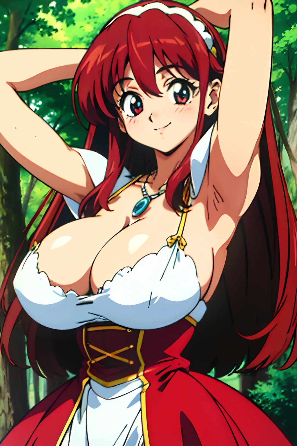 retro artstyle, 1990s (style), 1990s anime cels style, best quality, ultra-detailed, high resolution, 1girl, solo, long hair, (huge breasts:1.2), red hair, hairband,  necklace, arm up,  large trees, embarrassed, smile