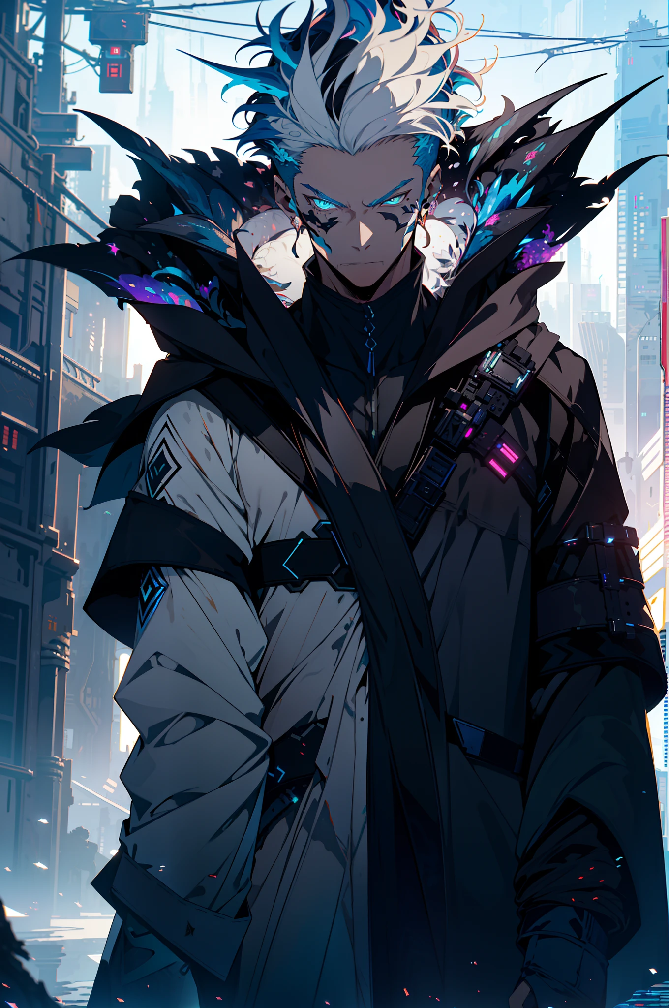 Cyberpunk male and female,varius pose,fantasy world, dark background, clean design, epic instagram, artstation, colorful paint splatter, silhouette, hyper detailed intricate details, unreal engine, fantasy, intricate details, splash screen, complementary colors, Fantasy concept art, 8k resolution, deviantart masterpiece, oil painting, heavy strokes, paint dripping, (isolated on white background: 1.3), rainbow skin, (((handsome young man))), ((teenage:1.5) ), (glowing blue eyes), ((light eyes)), ((((short white hair: 1.1))), ((black clothes)), (prince\\(indifferent expression\\),, ( ((Wears high detail luxurious black robe))), white hair, frost magic, ((chest) --v 6