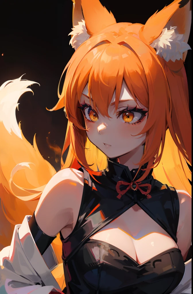 Volumetric Lighting, Best Shadows, Portrait Of Stunningly Beautiful Girl, Petite, Delicate Beautiful Attractive Face With Alluring Yellow Eyes, Small chest, small breasts, Short orange hair, , Thick , Slim Waist, Standing, (Highest Quality, Amazing Details:1.25), (Solo:1.3), Brilliant Colorful Paintings, anime character dressed a dress with a fox tail, fox nobushi, kitsune, kitsune, kemono, a beautiful fox lady, a beautiful kitsune woman, goth makeup, goth clothes