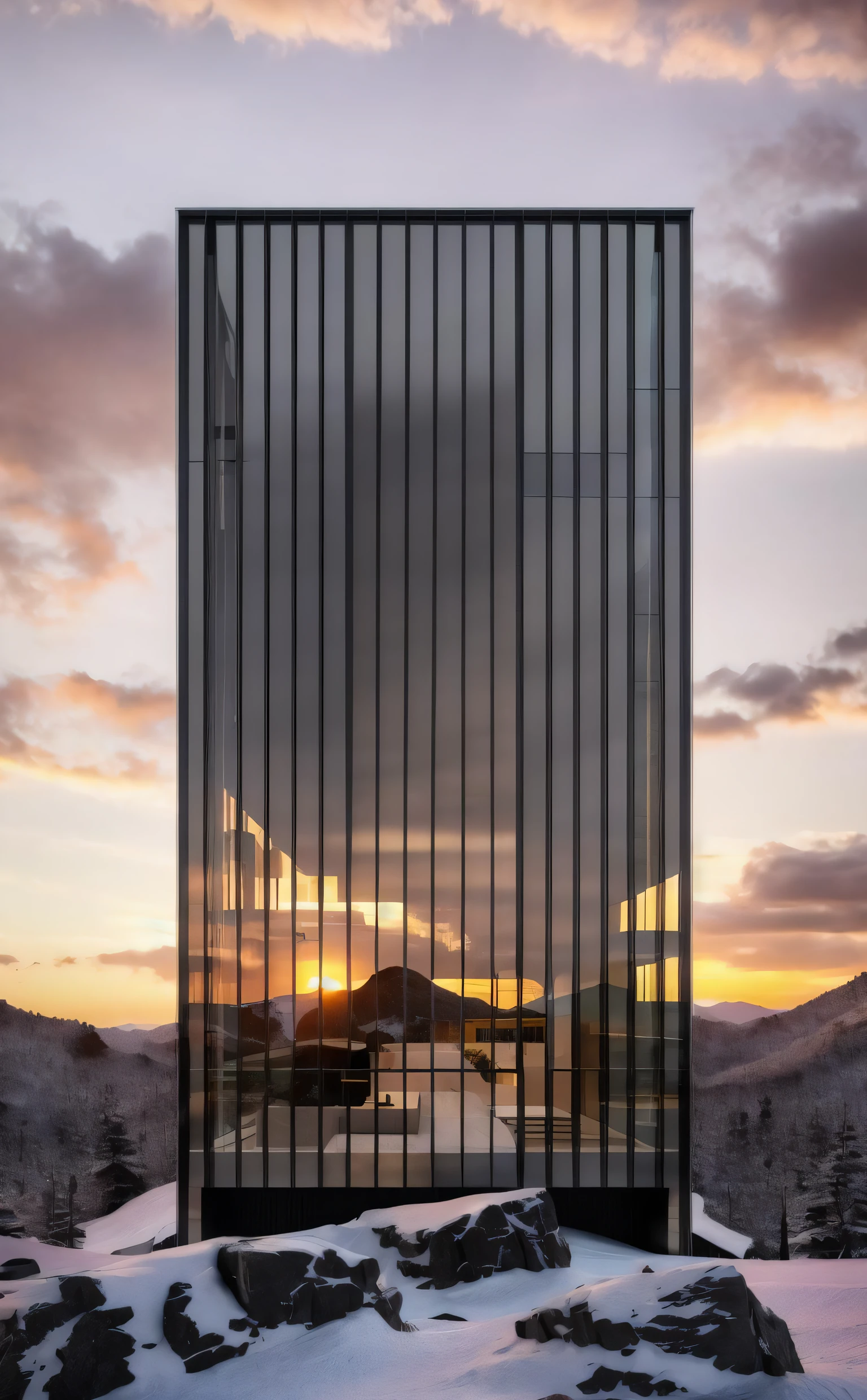 ((masterpiece, best quality)), 8k, modern architecture style, photo realistic, david chipperfield, hyper detailed photo, single box, a digital 3d render of a building, Glass building, leansflare, Snow mountain, Sunset or dawn