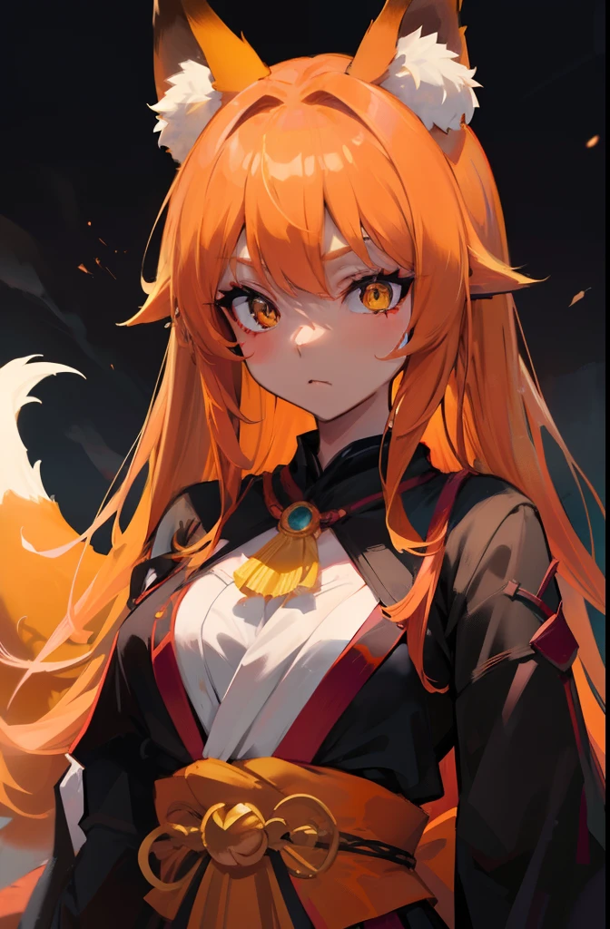Volumetric Lighting, Best Shadows, Portrait Of Stunningly Beautiful Girl, Petite, Delicate Beautiful Attractive Face With Alluring Yellow Eyes, Small chest, small breasts, Short orange hair, , Thick , Slim Waist, Standing, (Highest Quality, Amazing Details:1.25), Brilliant Colorful Paintings, anime character dressed a dress with a fox tail, fox nobushi, kitsune, kitsune, kemono, a beautiful fox lady, a beautiful kitsune woman, goth makeup, goth clothes
