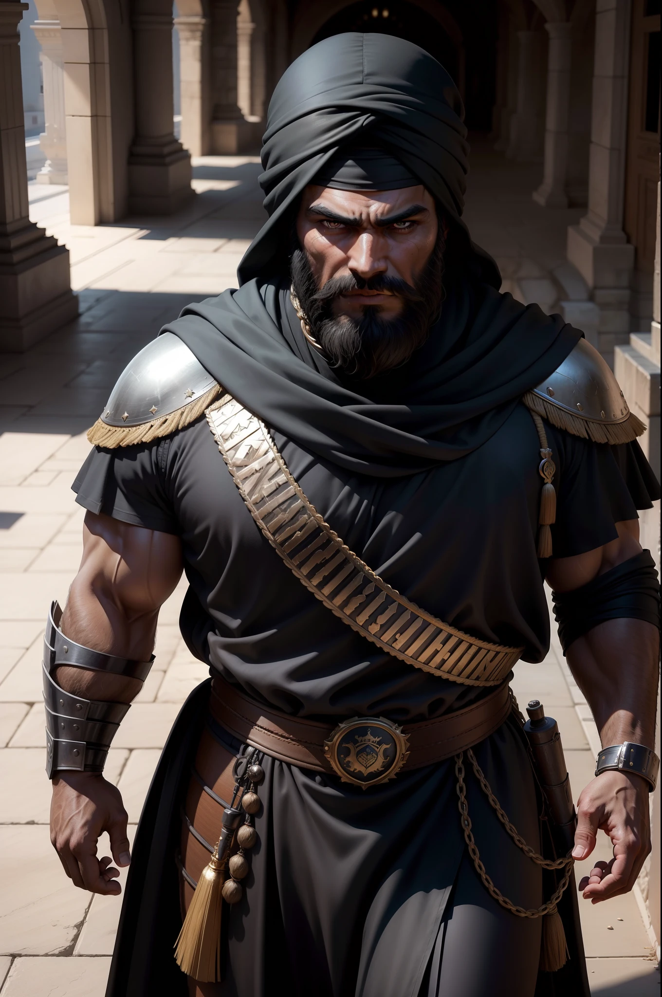 ultra realistic 8k image of a strong man, dark and tanned skin, beard, arabian features, wearing a black turban, wearing black RPG warrior outfits and silver shoulder pads, in the middle of the shadows of a royal palace corridor