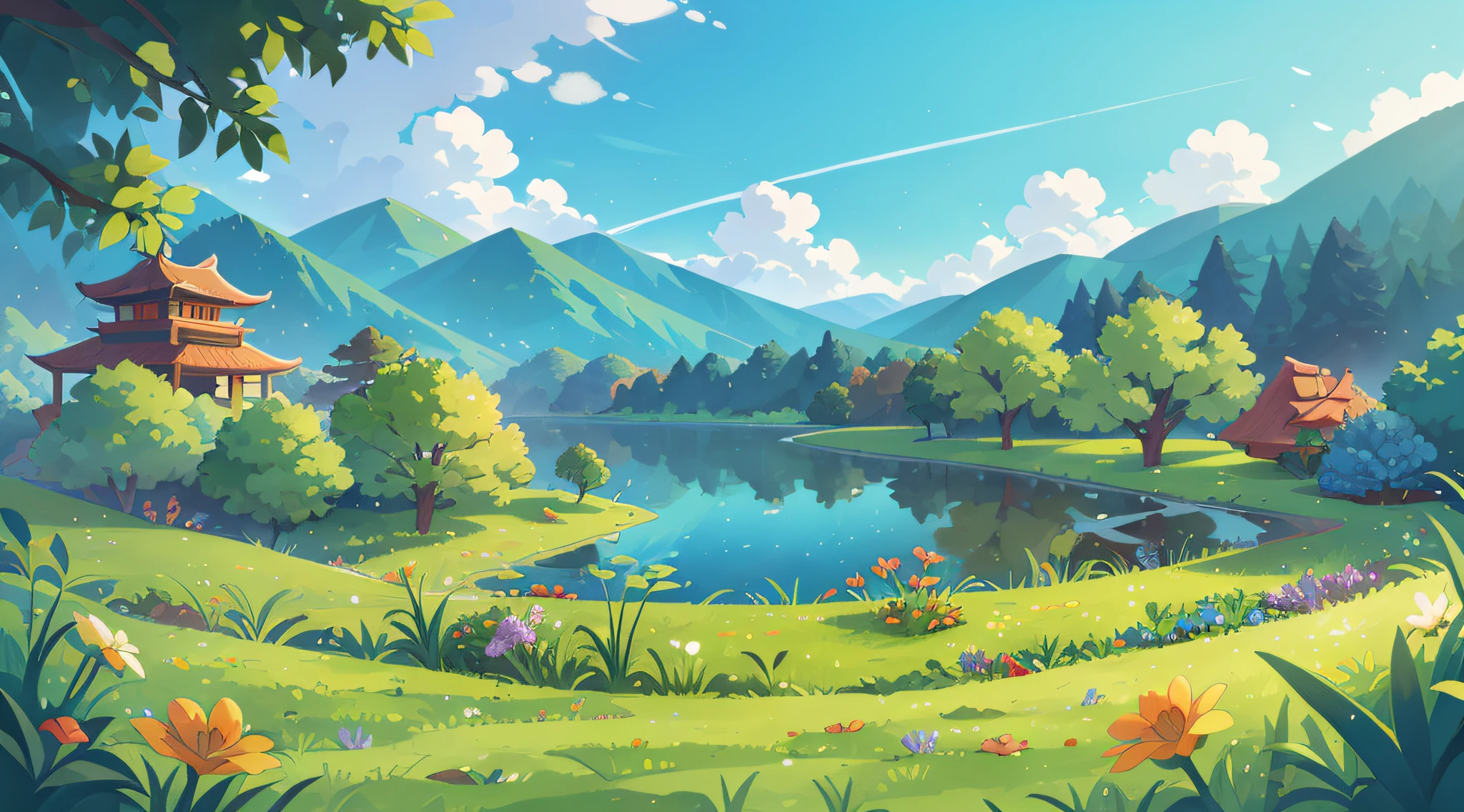 lakeside,Chinese ancient element,mont,the trees,grassy fields,Flowers,blue-sky,baiyun,Large wide angle