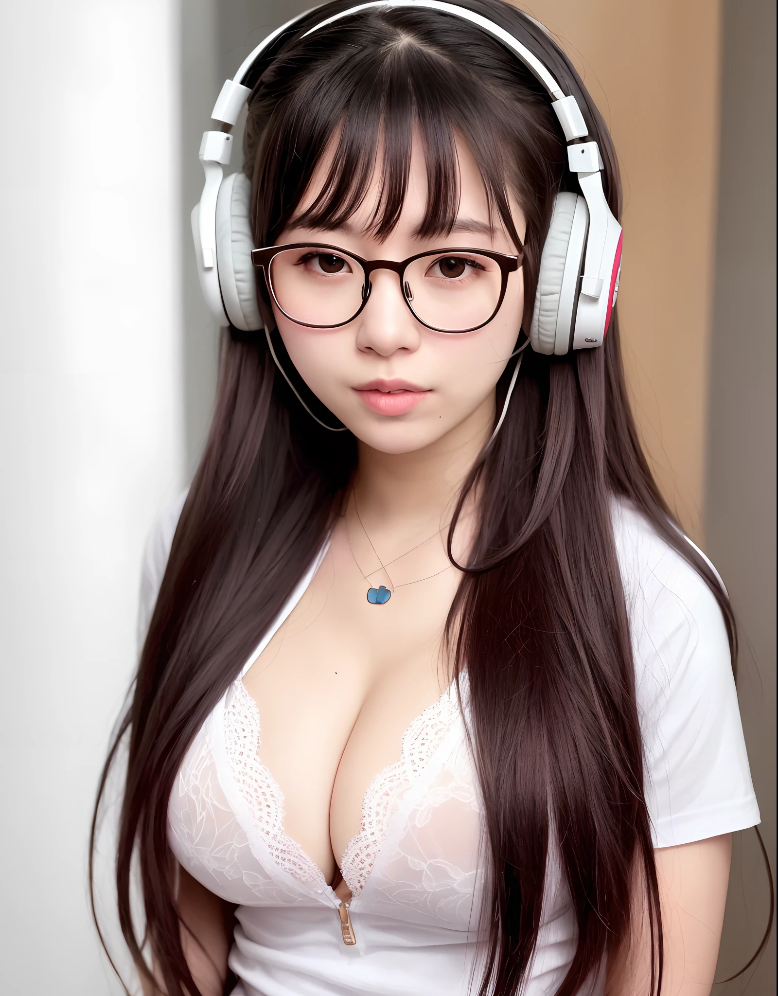 arafed woman with headphones and glasses looking at the camera, belle delphine, anime vibes, clear cute face, with headphones, with head phones, chiho, pokimane, lofi girl, with glasses, ulzzang, low quality, guweiz, she has a cute face, cutecore, 🤤 girl portrait, 18 years old, show boobs