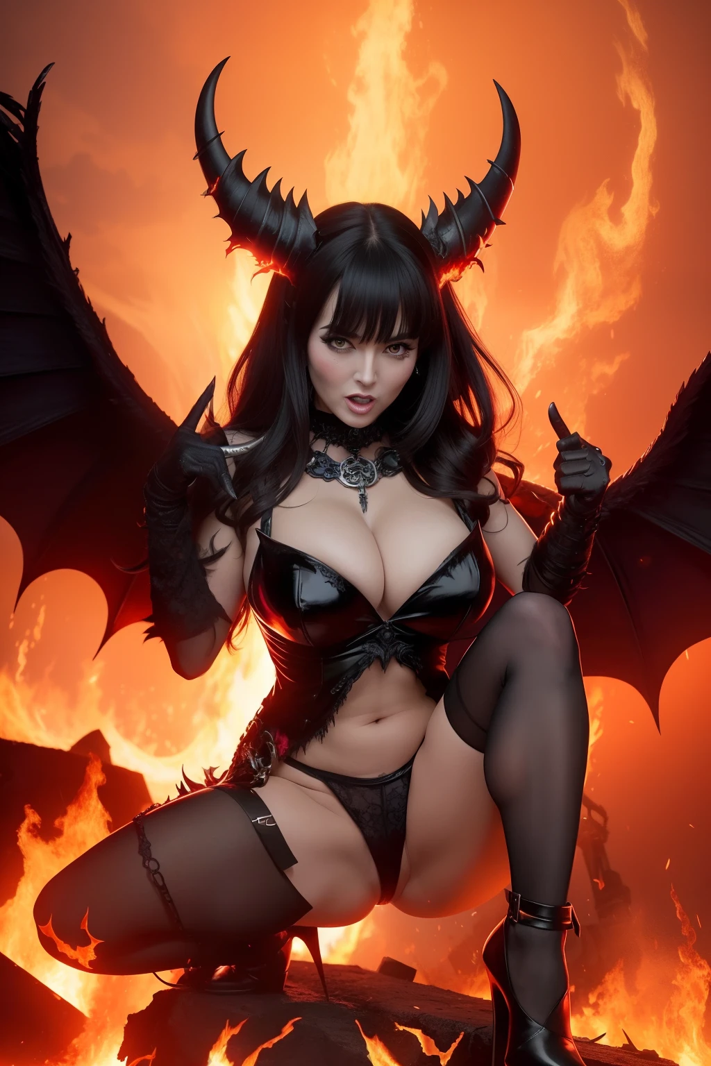 Ultra-detailed Lisa Ann stands atop a pile of burning ruins, Her diabolical and insidious presence radiating from her dark crown and black and red evil queen dress........ Her demon wings on her back and demon horn give her an invincible aura as she unleashes a powerful wave of destruction with a single gesture..............