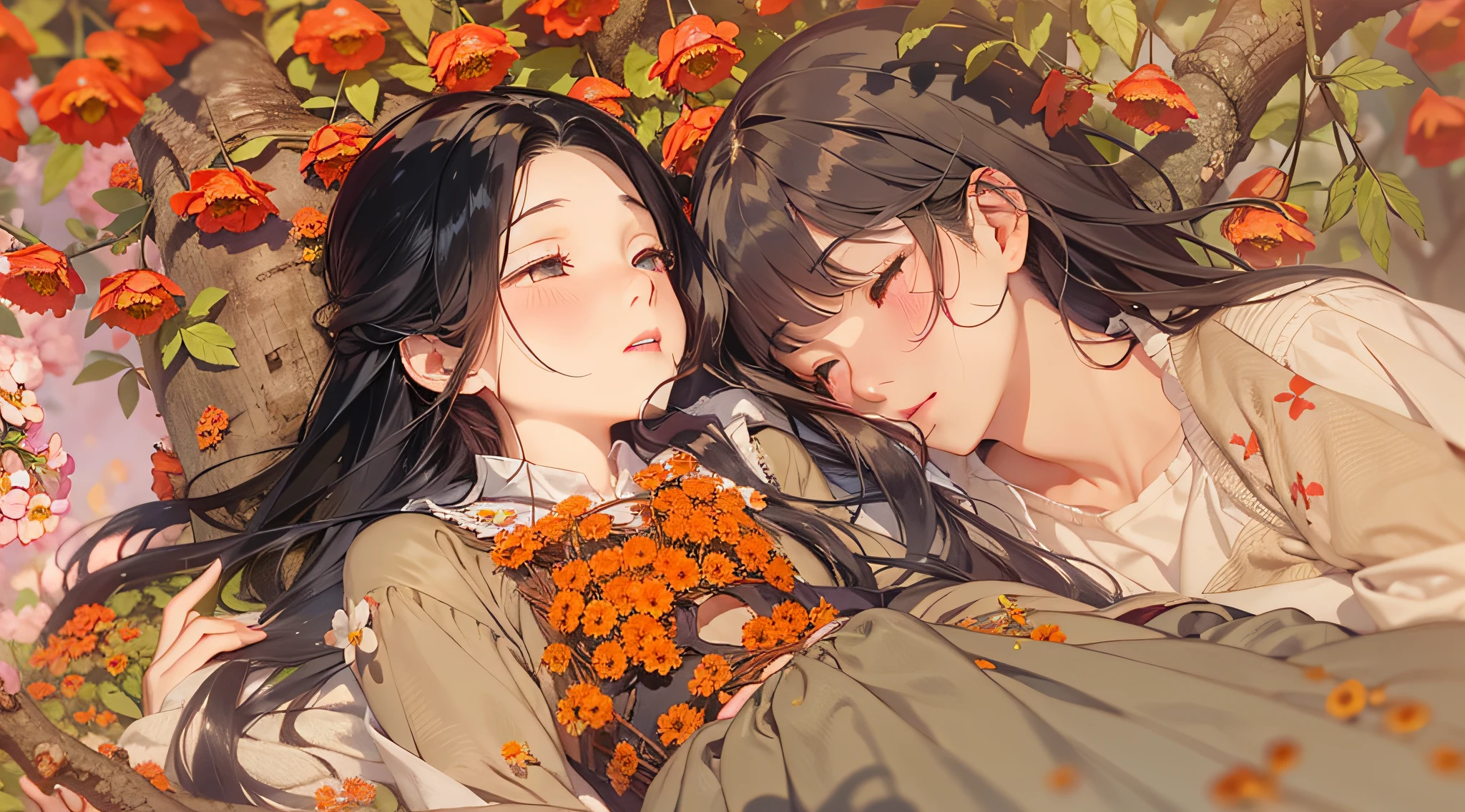 Long black-haired girlfriend lying in the shade of a tree full of hawthorn、There he、He approaches to kiss her、She and his little finger are tied with a red thread、Bees are flying around over hawthorn flowers、Cuffinches nesting in trees overlook these scenes.、​masterpiece、realisitic