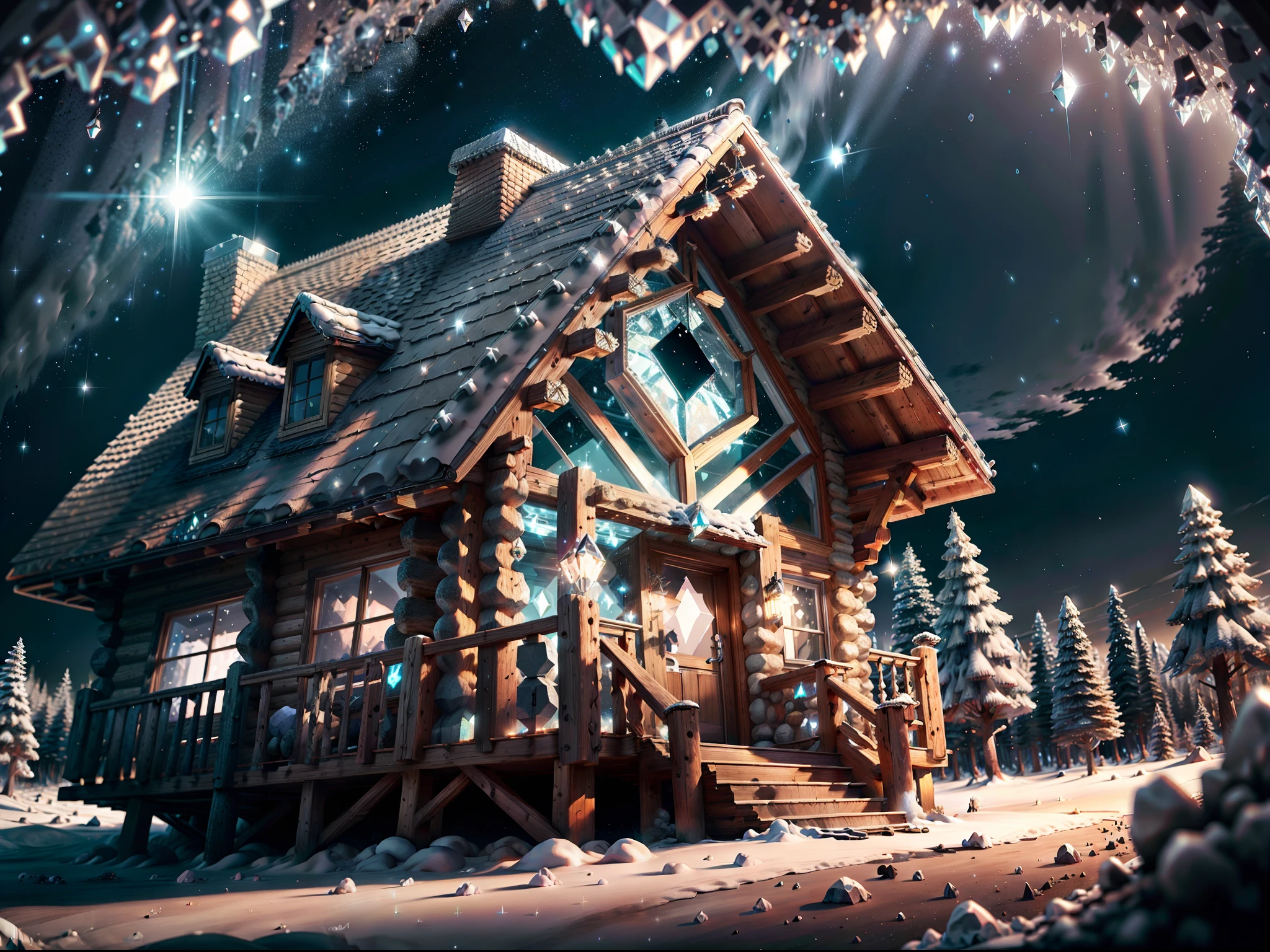 DiamonAI cabin in the woods. Night. Moon. Stars. Dynamic ilumination, dynamic shadows, volumetric clouds, ray tracing, 8k, intricate