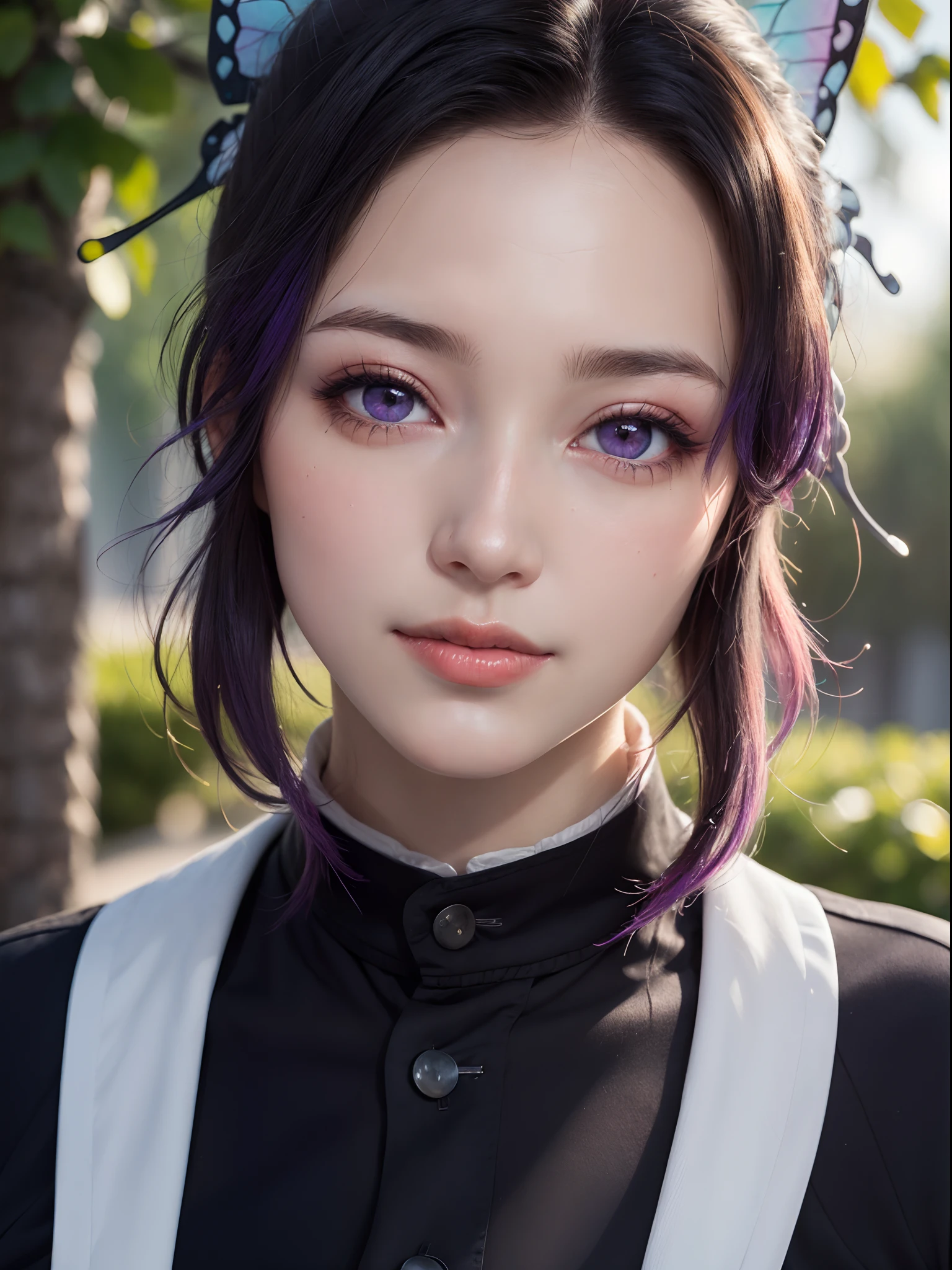 (masterpiece, best quality:1.4), (close up:1.5), 1girl, solo, (european youth:1), kochou shinobu, multicolored hair, no bangs, hair intakes, (purple eyes:1.2), forehead, black shirt,vblack pants, haori, butterfly, buttons, belt, (Garden:1.2), purple flower, looking at viewer, beautifull smile, beautiful face, highly detailed face, highly detailed skin, skin pores, subsurface scattering, realistic pupils, medium breast, full face blush, full lips, detailed background, depth of field, volumetric lighting, sharp focus, absurdres, realistic proportions, good anatomy, (realistic, hyperrealistic:1.4), 16k hdr,