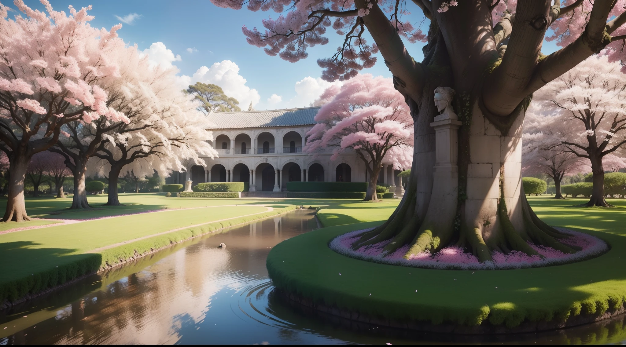 Jardim Ancestral Banhado pelo Nascer do Sol, An ancient serene garden with rows of cherry blossom trees, a suavidade dos tons do nascer do sol derramando-se sobre as paisagens, the camera rotating slowly, revealing the sculpted bust of the philosopher Zenon De Scythia, Fotografia, lente 35mm, abertura