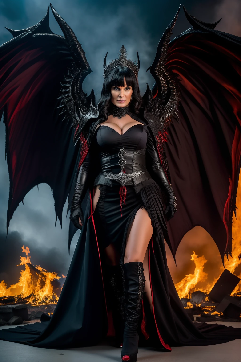 Ultra-detailed Lisa Ann stands atop a pile of burning ruins, Her diabolical and insidious presence radiating from her dark crown and black and red evil queen dress..... Her demon wings on her back and demon horn give her an invincible aura as she unleashes a powerful wave of destruction with a single gesture........