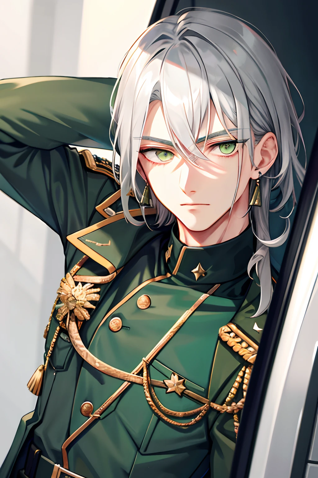 1 boy,cool guy,Medium-long gray hair,Military style,White military uniform,Shiny,Green eyes,With silver-toned earrings,Snake pupils