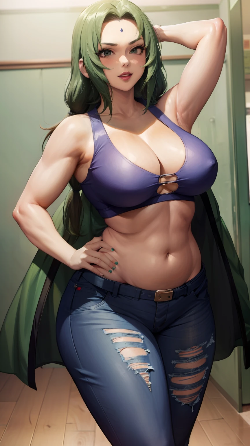 araffe woman in a green top and jeans holding a purse, skinny waist and thick hips, wearing a sexy cropped top, she has a jiggly fat round belly, with teal clothes, wearing tight simple clothes, thicc, wearing a cropped tops, wearing a low cut tanktop, her belly button is exposed, wearing crop top, wearing a cropped top