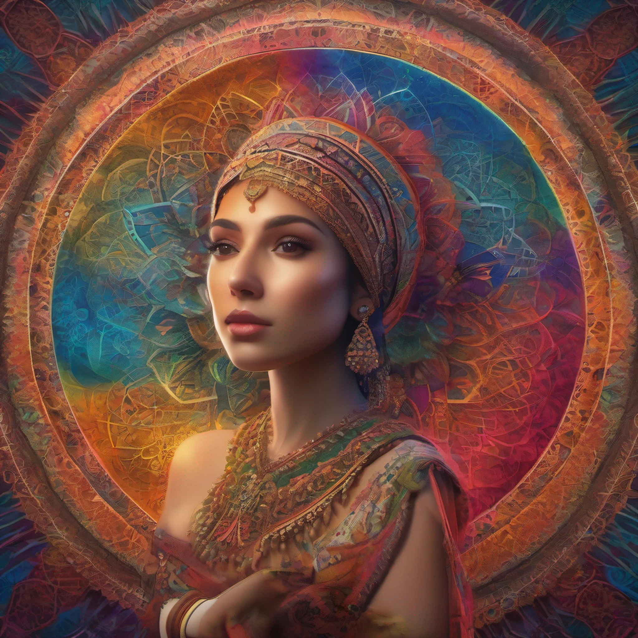 Crear una hermosa mandala que se genera atraves de una concha marina, la mandala es perfecta geometricamente con colores en degradado formando redes intrincadas pero creativas. (( Beautiful woman with mandala designs, Full body close up))).Nikon Z 14mm ultra-wide angle lens, award-winning glamour photograph, ((best quality)), ((masterpiece)), ((realistic)), geometric forms, subsurface scattering, radiant light rays, high-res, detailed facial features, high detail, sharp focus, smooth, aesthetic, extremely detailed, (