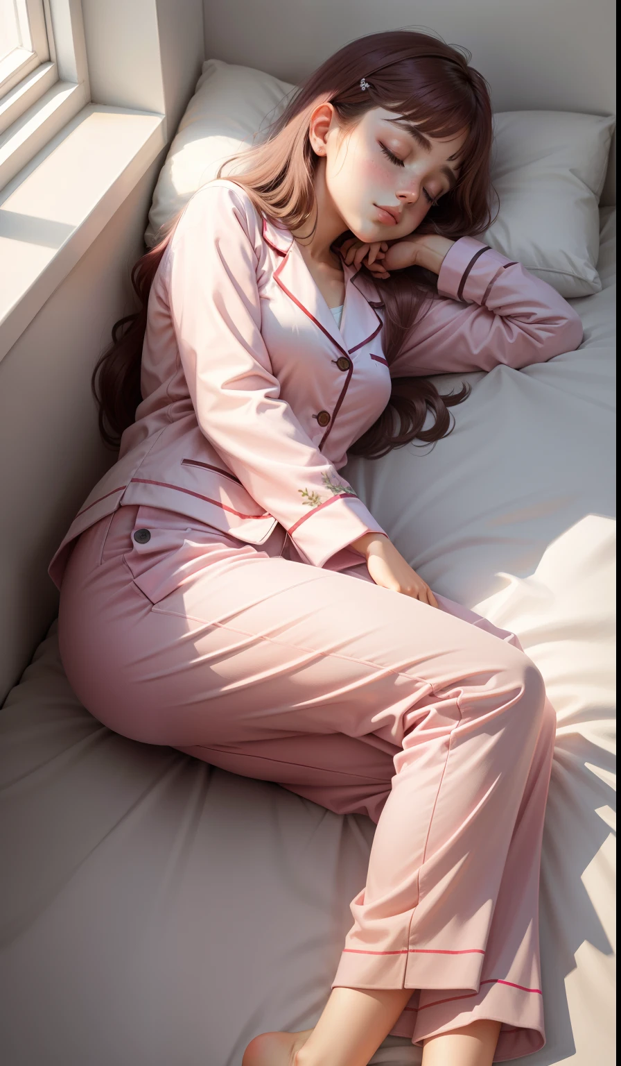 Sleeping girl, 22 years old, realistic, she is wearing long pants, she is wearing pink pajama, brown hair.
