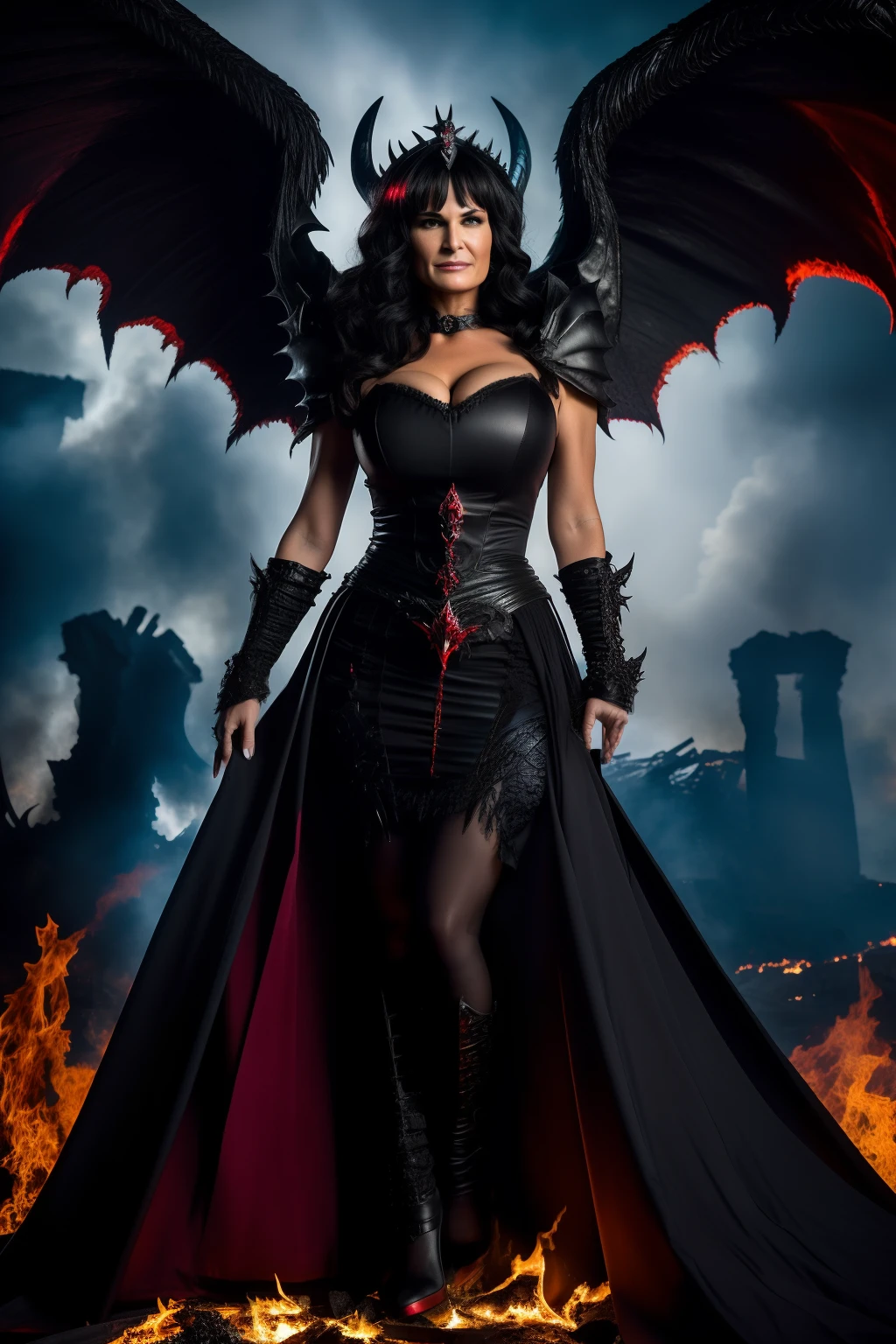 Ultra-detailed Lisa Ann stands atop a pile of burning ruins, Her diabolical and insidious presence radiating from her dark crown and black and red evil queen dress..... Her demon wings on her back and demon horn give her an invincible aura as she unleashes a powerful wave of destruction with a single gesture........