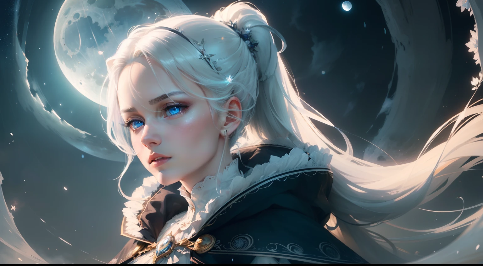 masterpiece, (best quality:1.2), (ultra-detailed:1.2), illustration, (an extremely delicate and beautiful:1.2),cinematic angle,floating, (beautiful detailed eyes:1.1), (detailed light:1.1),cinematic lighting, beautifully detailed sky, women, white hair, blue eyes, (high ponytail:1.1), cloak, glowing eyes, (moon:1.2), (moonlight:1.1), starry sky, (lighting particle:1.1), fog, snow painting, sketch, bloom