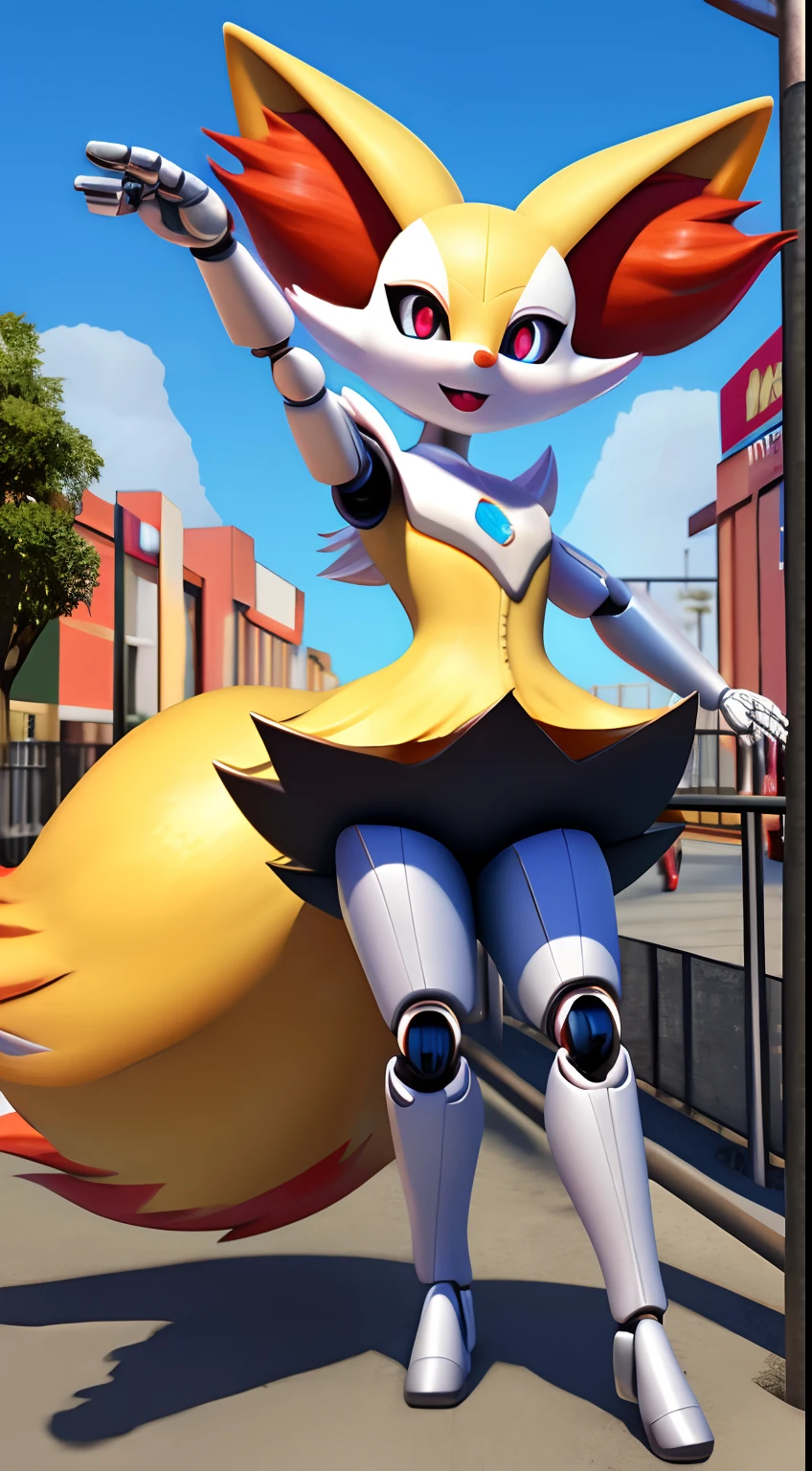 Braixen ,obra maestra,mejor calidad,estilo de arte realista, fotorrealista,3d,robot maquina,metalico,piel brillante,metalic, mechanic,Pokémon,Pose linda,black sclera, ojos azules, piel brillante,1girl,Parque de la ciudad, gente, Public, ojos brillantes,selfie,robot face,