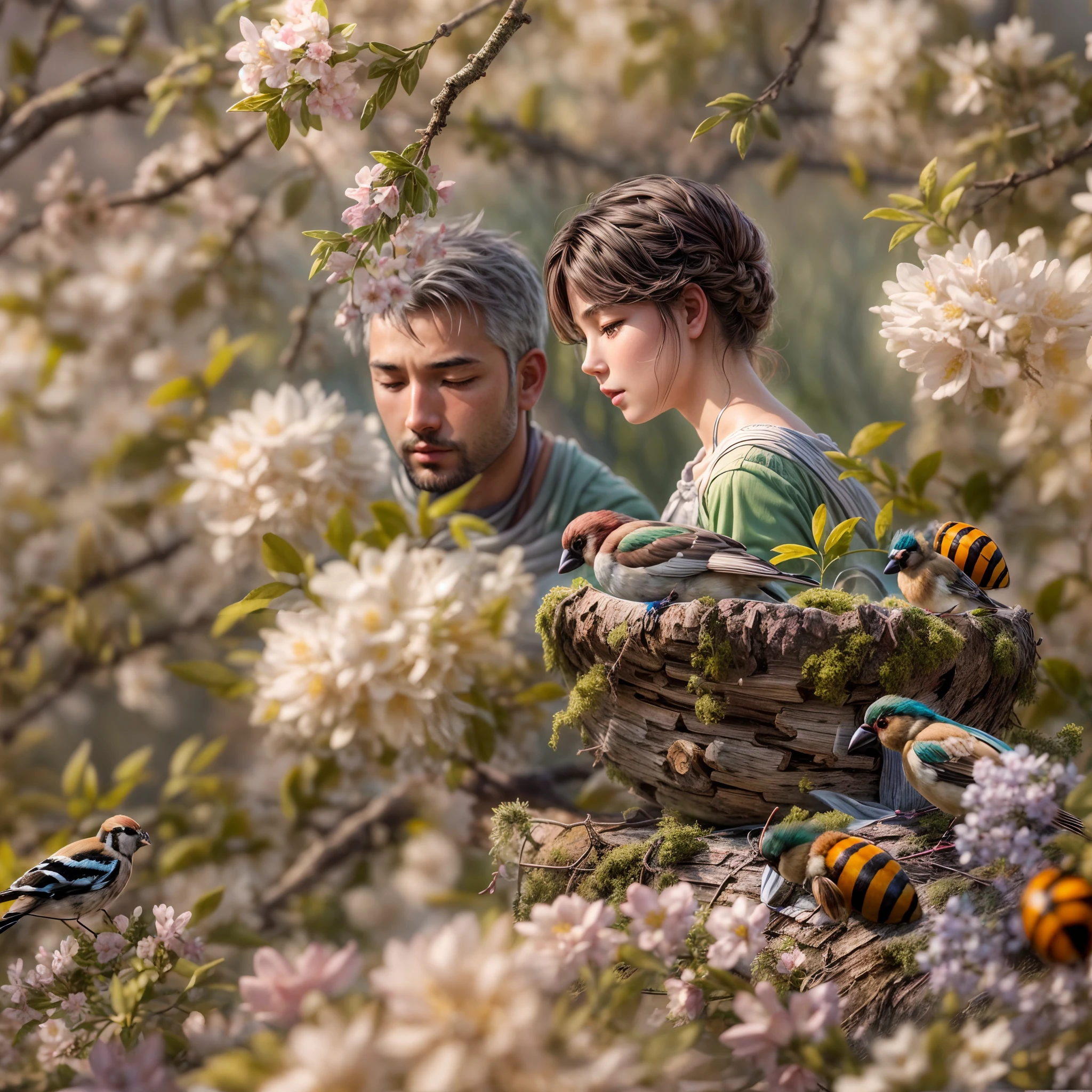 Hyperdetailed Oil painting, ultrawide view, late spring, a (wholesome romantic human couple rest in a meadow of whitethorn bush), (lady bug on flower), vivacious (bee pollinating pink flowers), (chaffinch watching scene from grey mossy nest), masterpiece, masterwork, meticulous, intimate, nuanced, highest quality, highest fidelity, highest resolution, highres, highest detail, hyper-detailed, detail enhancement, deeply detailed, uhd, hdr, fhd, 8k, 16k, 32k, 64k, caustics, subsurface scattering, High Dynamic Range, Dynamic Tone Mapping, Specular reflection, sub-pixel convolution,