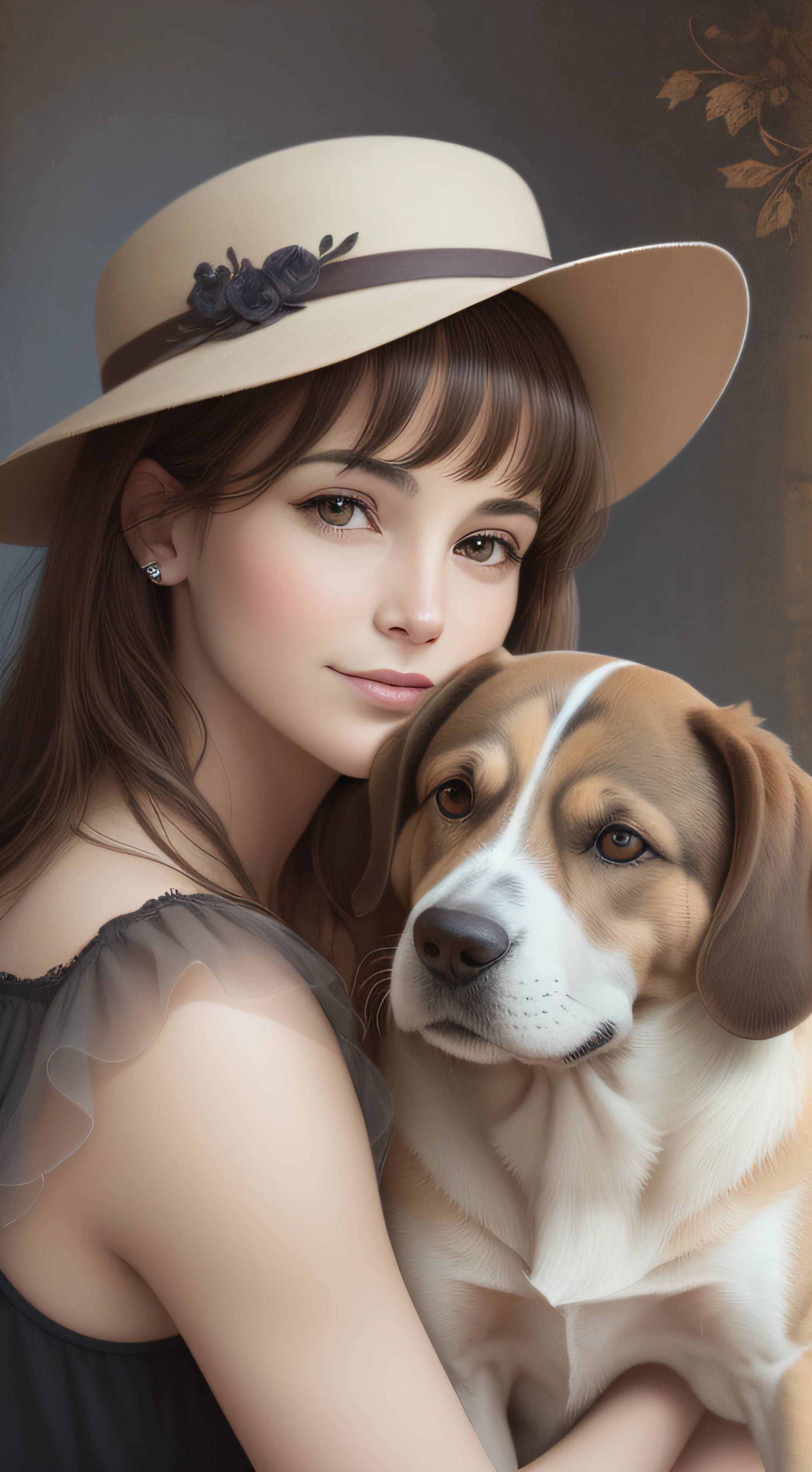 retrato de familia, cedntrado, realistic photograph, familia de perros beagle, madre perro, padre perro y 2 cachorros, padre perro tiene un sombrero, madre perro tiene una flor en la oreja