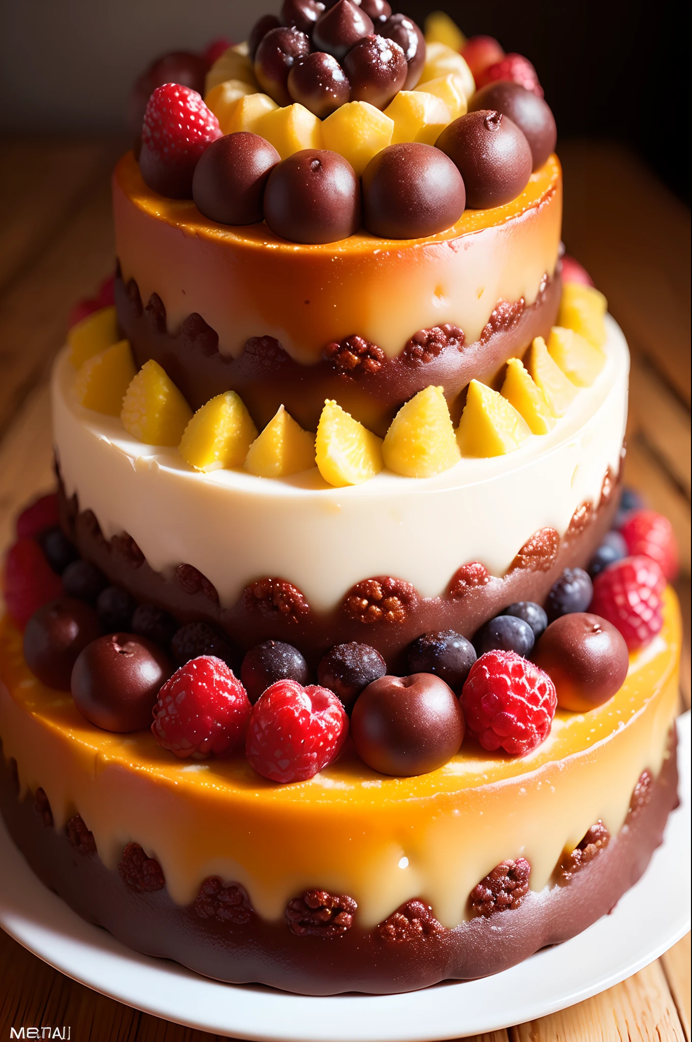 ((melhor qualidade)), ((obra-prima)), (detalhado), Bolo de chocolate com morangos, frutas, arranjos alegres, realista, 8k