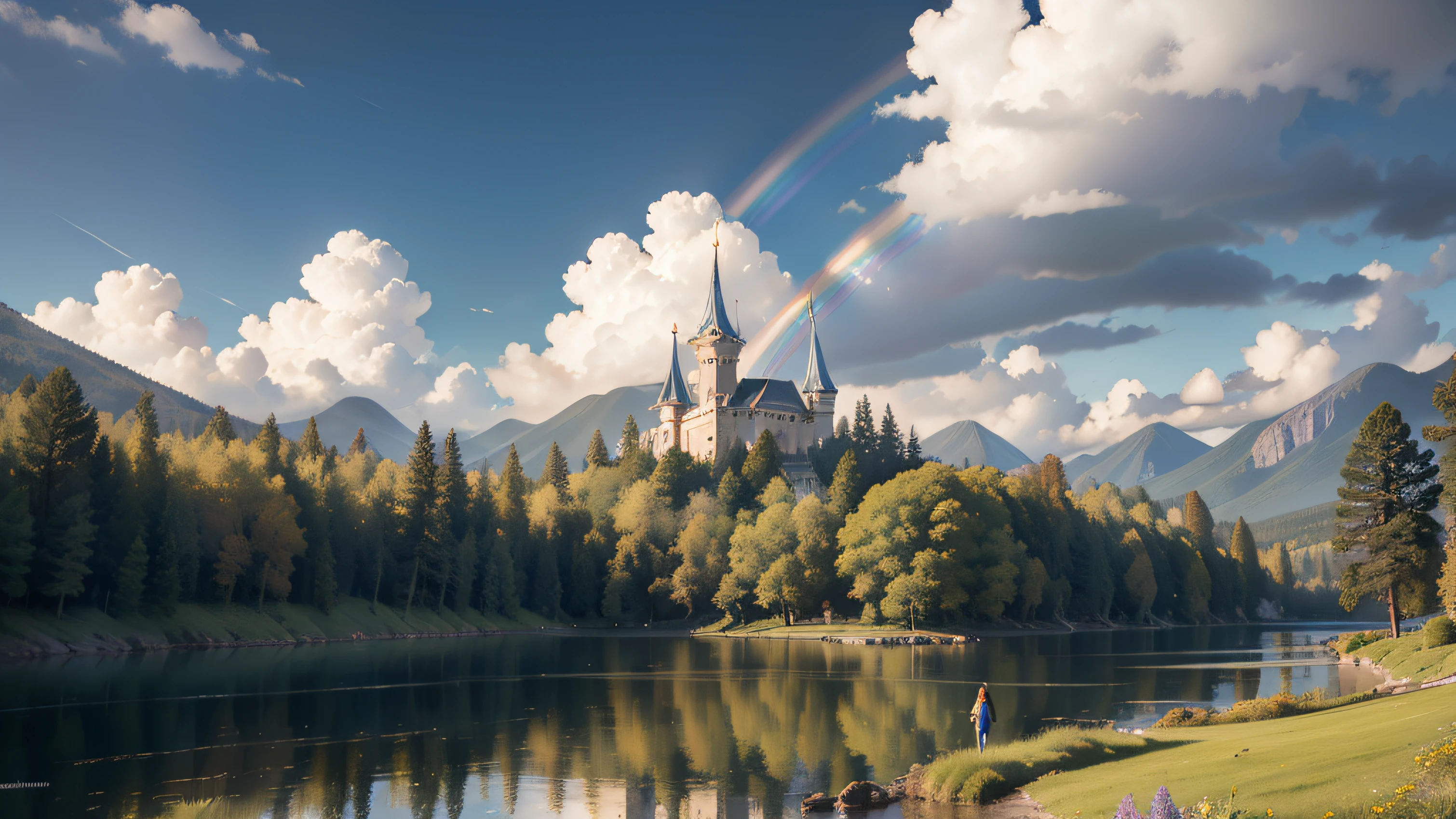 painting of a rainbow over a lake with a rainbow in the sky, Angus McKie •, jim warren, magical landscape, Painting of a dreamlike landscape, symmetrical fantasy landscape, whimsical fantasy landscape art, dream scenery art, Jim Warren e Rob Gonsalves, Bruce Timm e Vladimir Kush, paisagem dos sonhos, inspirado em Vladimir Kush, paisagem celestial, Palace floating in the sky