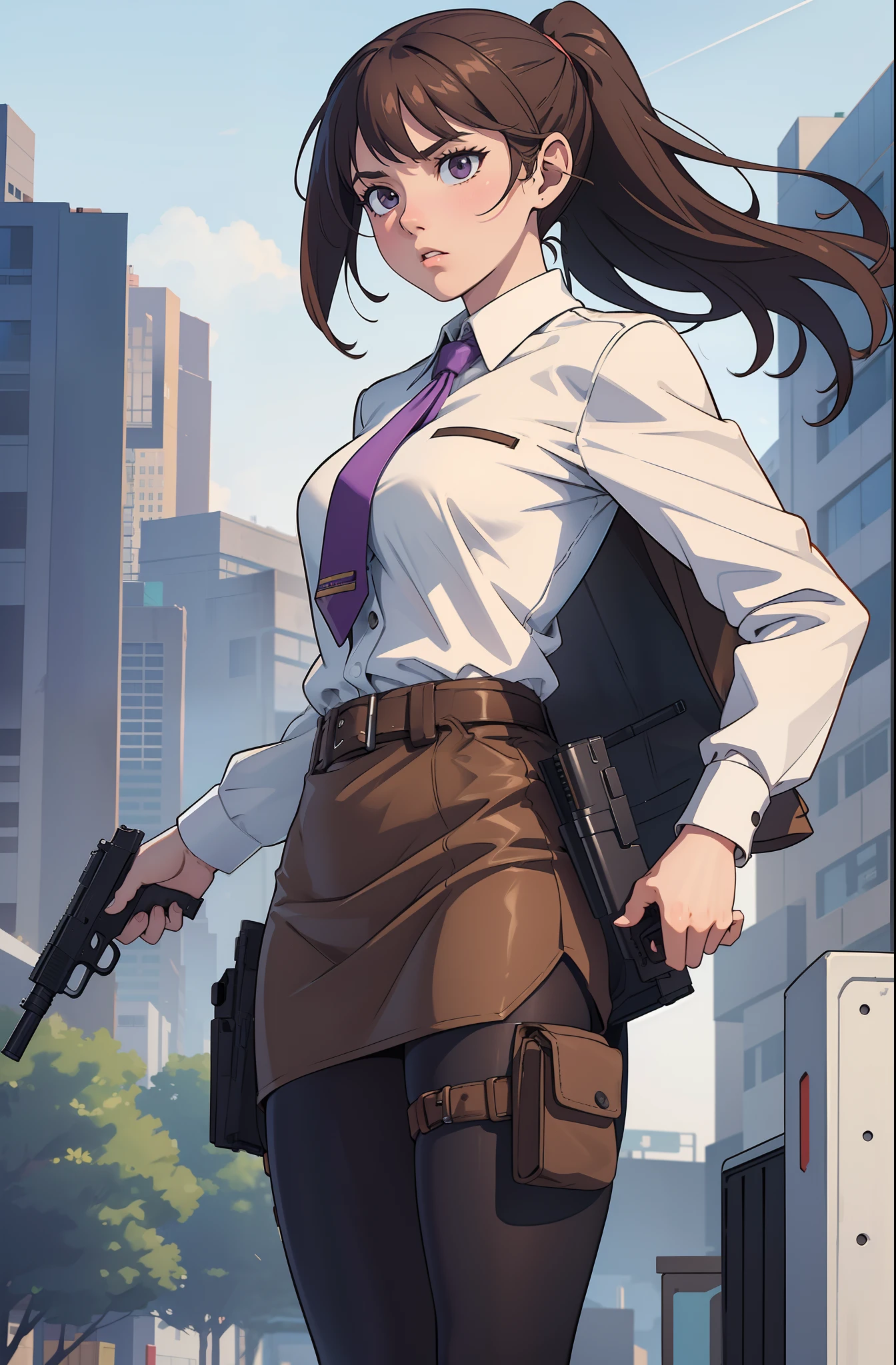 1girl, aiming and firing pistol, brown hair, short hair, ponytail, finger on trigger, gun, large-caliber handgun, holding, holding gun, holding weapon, holster, open suit jacket, white shirt, miniskirt, (pantyhose), pencil skirt, skirt, solo, trigger discipline, weapon, purple eyes, dynamic action stance, grim expression, city backdrop, boots, full body character design, brown suit and tie, necktie, belt, cowboy shot, full body
