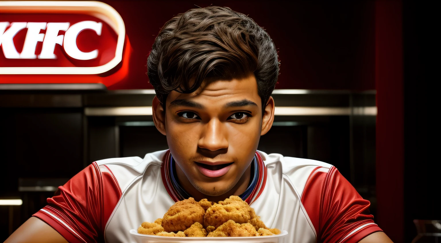 1boy feliz, rosto expressivo, fried chicken pieces from KFC, mesa de um restaurante do KFC, ultra realismo, cinematic lighthing, Nikon Camera, Coronel Sanders