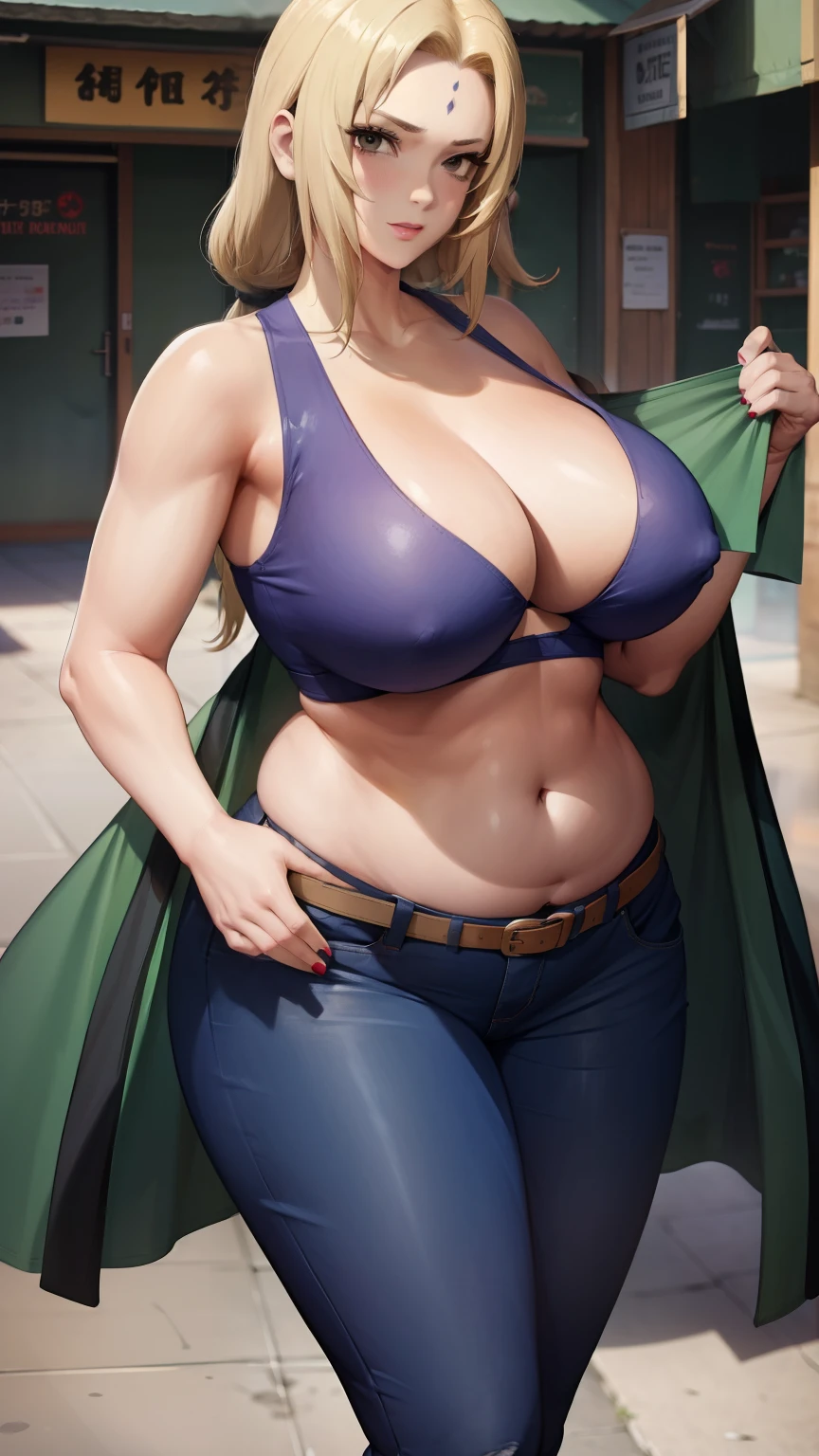araffe woman in a green top and jeans holding a purse, skinny waist and thick hips, wearing a sexy cropped top, she has a jiggly fat round belly, with teal clothes, wearing tight simple clothes, thicc, wearing a cropped tops, wearing a low cut tanktop, her belly button is exposed, wearing crop top, wearing a cropped top,yellow hair