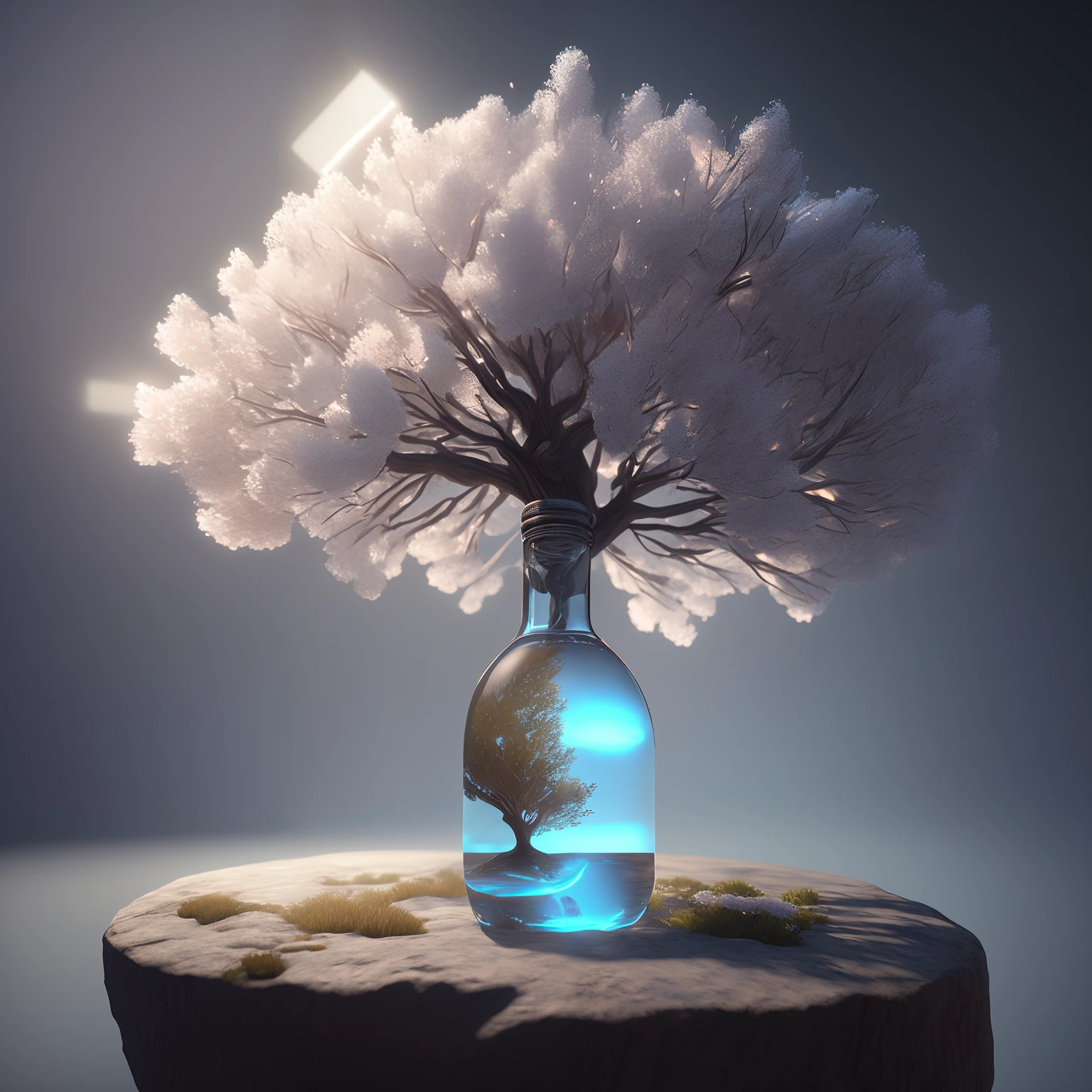 Dreamy art tree in bottle, fluffy, realistic, photo, canon, dreamy, art, colorful leaves and branches, flowers blooming on the head. Ultra-detailed photorealism by Greg Rutkowski - H 1024 W 804 | f1 6 lens mark 2:2 s 3555mm film grain: 1 lifelike high resolution Sharp focus contrast!! Complex and detailed atmospheric light refraction lighting Unreal Engine 5 Cinematic Concept Photo Masterpiece Octane Render Rendered as a trend in CGSighbour