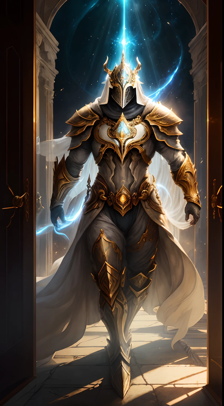 Striking illustration of the guardian of light, A celestial and ethereal figure that guards the threshold of light. His presence is splendid and powerful., con alas inmensas que se extienden hacia el horizonte y una mirada penetrante que transmite serenidad y respeto.espada.en la mano reluciente, armadura resplandeciente,In the background he uses warm white and gold tones and deep shadows to emphasize his ethereal nature and his connection to the realm of light...........(warm lighting), ( divine lighting),(celestial lighting)