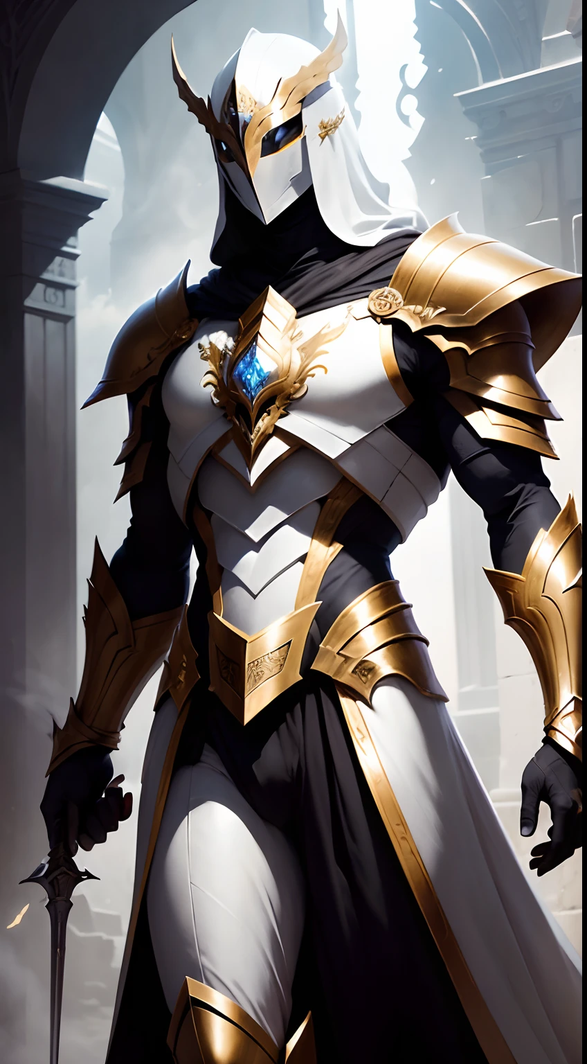 Striking illustration of the guardian of light, A celestial and ethereal figure that guards the threshold of light. His presence is splendid and powerful., con alas inmensas que se extienden hacia el horizonte y una mirada penetrante que transmite serenidad y respeto.espada.en la mano reluciente, armadura resplandeciente,In the background he uses warm white and gold tones and deep shadows to emphasize his ethereal nature and his connection to the realm of light...........(warm lighting), ( divine lighting),(celestial lighting)