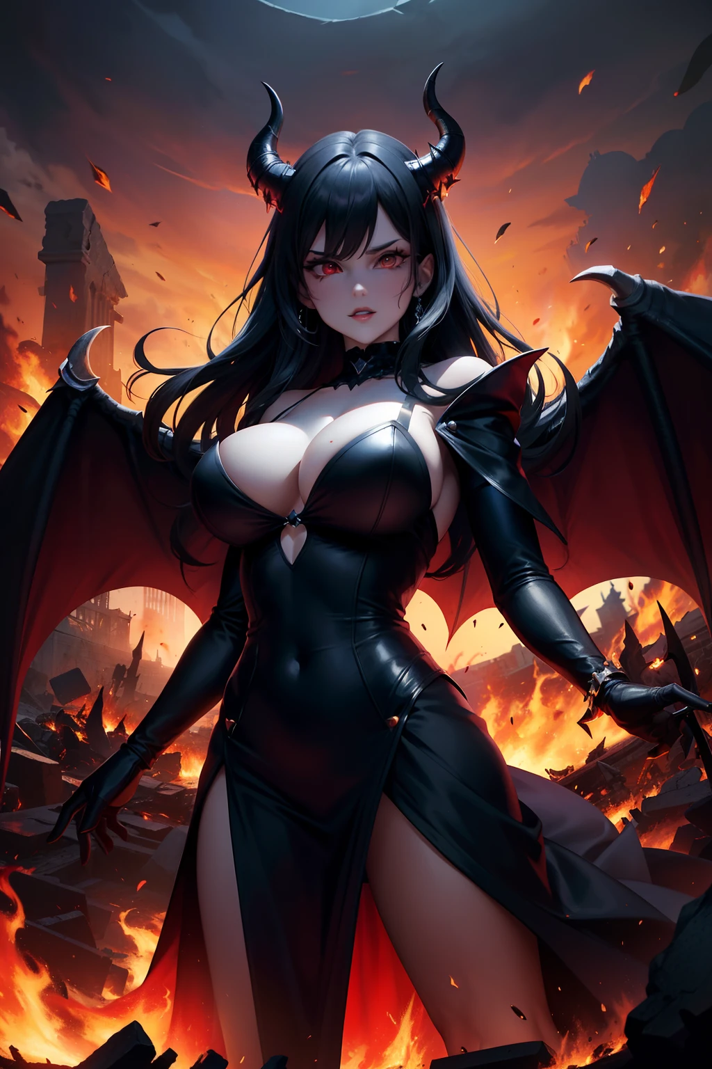 Ultra-detailed Lisa Ann stands atop a pile of burning ruins, Her diabolical and insidious presence radiating from her dark crown and black and red evil queen dress... Her demon wings on her back and demon horn give her an invincible aura as she unleashes a powerful wave of destruction with a single gesture....