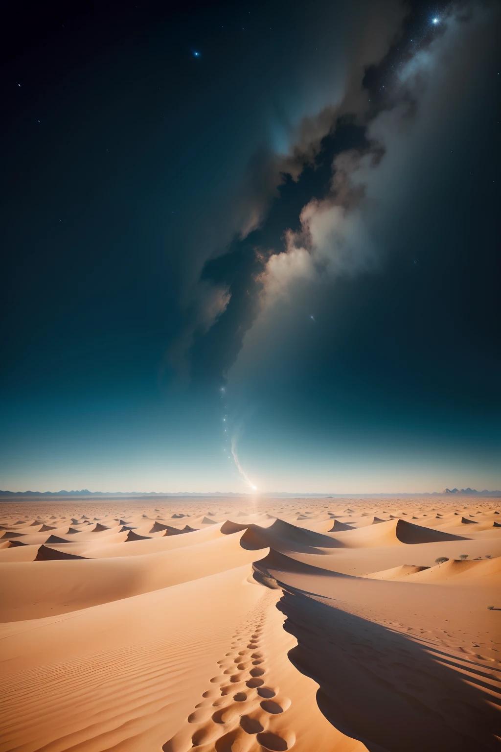 "/prompt image (alta resolução, fotorrealista, melhor qualidade) Sky without stars, lua cheia envolta em nuvens sobre um deserto gigante."
