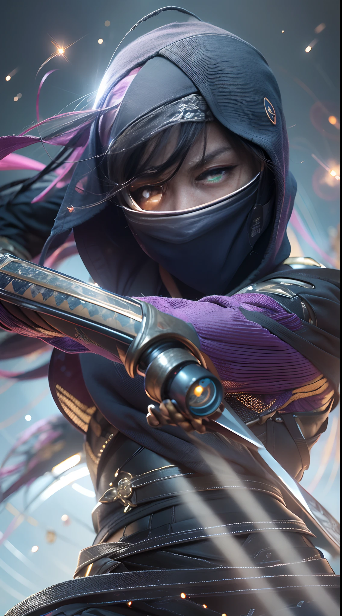 Purple-eyed female ninja，Sharp eyes，Eye details，gloves on the elbow，Metallic color，wielding a flaming sword，karate stance，background nebula，light particules，lens flare glow，Luminous Particle，Cinematic side lighting，8K high quality photos