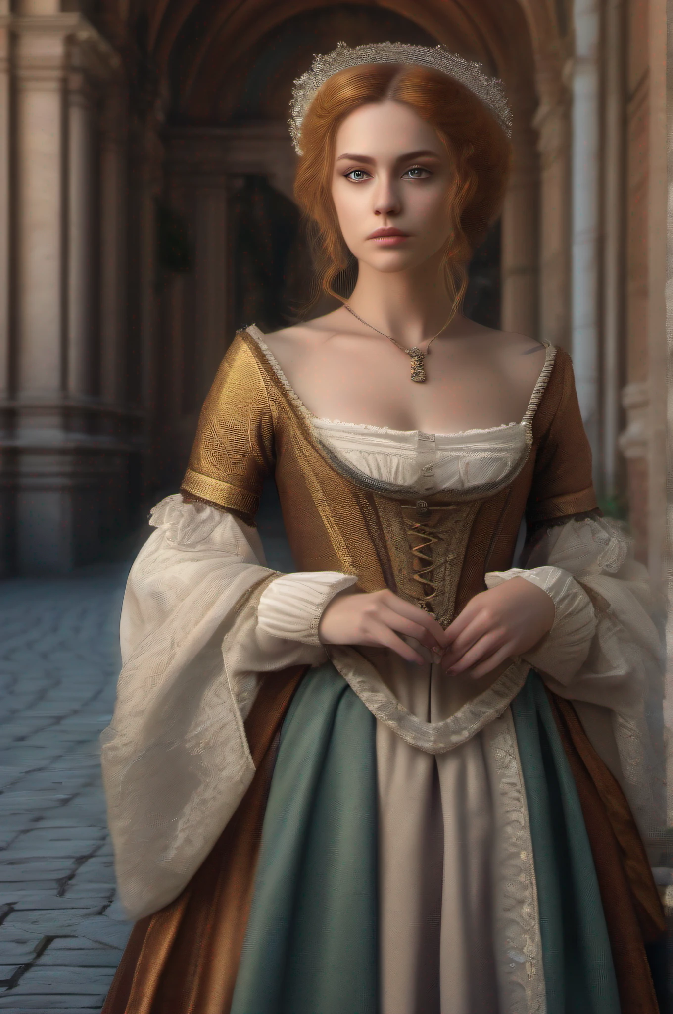 portrait of young woman in Renaissance era costume, street background,
serious look, perfect detailed symmetric eyes, detailed gorgeous face,
dreamlike view, extremely realistic, intricate artwork, station art,
by Rafael Umbrias, octane render, remrand light, post processing,
perfect composition, oil painting, cinematic realism,
masterpiece, sharp focus, 8k