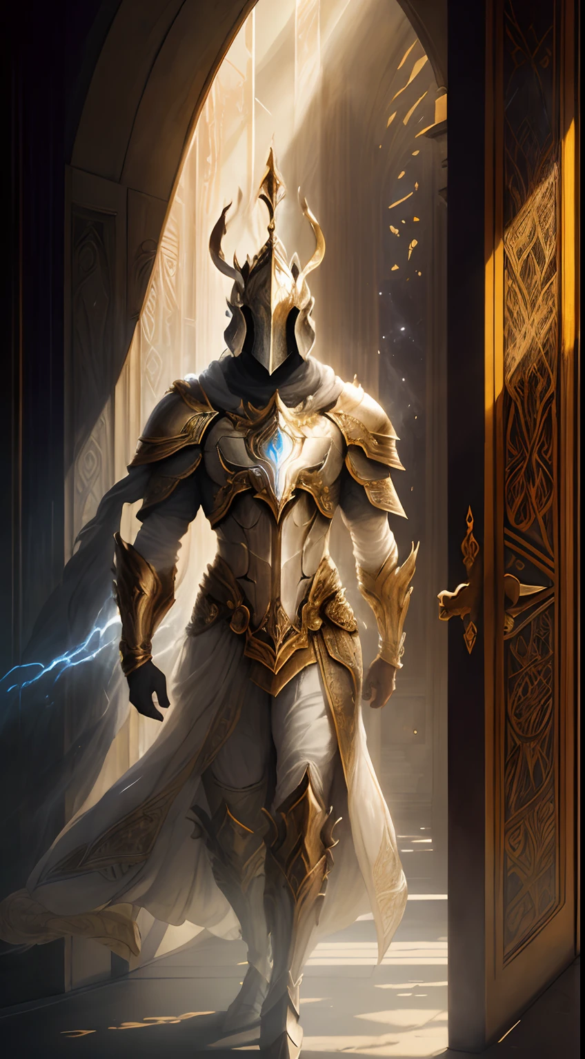 Striking illustration of the guardian of light, A celestial and ethereal figure that guards the threshold of light. His presence is splendid and powerful., con alas inmensas que se extienden hacia el horizonte y una mirada penetrante que transmite serenidad y respeto.espada.en la mano reluciente, armadura resplandeciente,In the background he uses warm white and gold tones and deep shadows to emphasize his ethereal nature and his connection to the realm of light...........(warm lighting), ( divine lighting),(celestial lighting)