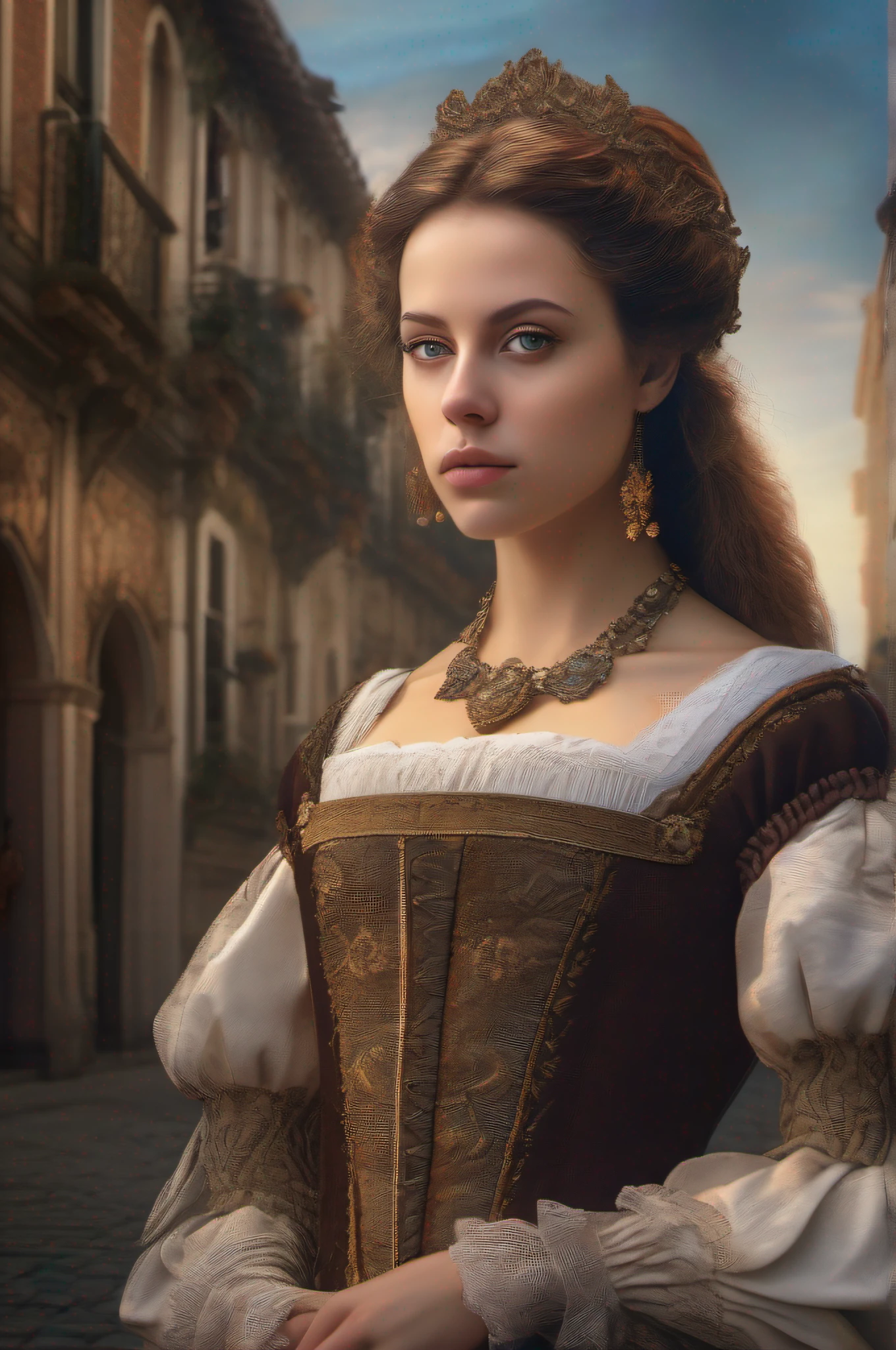 portrait of young woman in Renaissance era costume, street background,
serious look, perfect detailed symmetric eyes, detailed gorgeous face,
dreamlike view, extremely realistic, intricate artwork, station art,
by Rafael Umbrias, octane render, remrand light, post processing,
perfect composition, oil painting, cinematic realism,
masterpiece, sharp focus, 8k