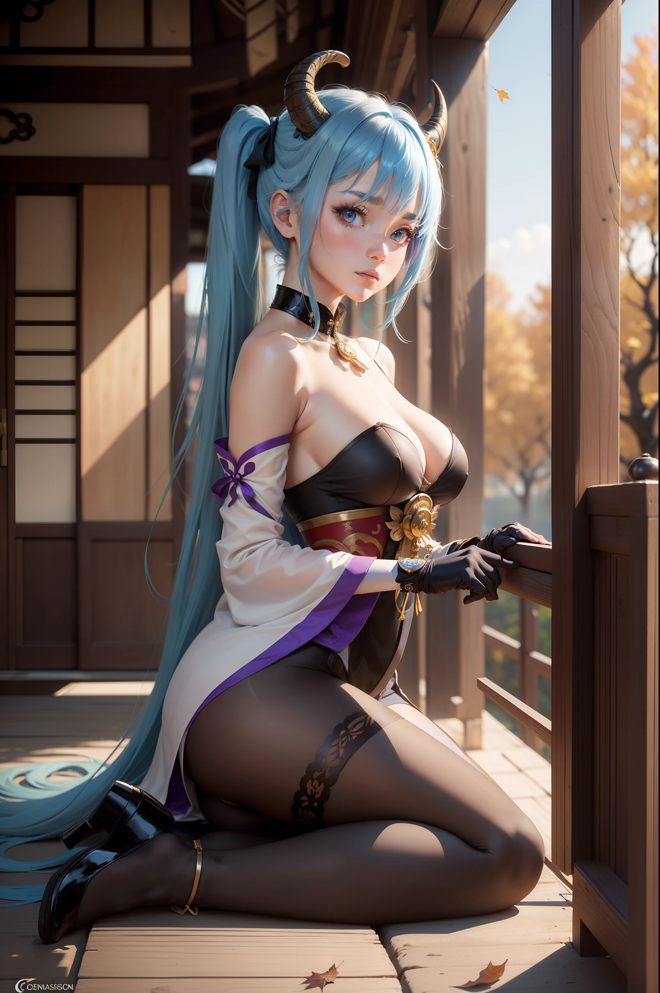 Masterpiece, Best quality, A high resolution, 1girll, Blue hair, Long hair, Very long hair, pony tails, bangs, hair between eye, side locks, ahoge, goat horn, Horns, Purple eyes, bell, cowbell, Neckbells, Collar, Detached collar, White collar, Bare shoulders, Pantyhose, Black pantyhose, bodystocking, Tights under clothes, Pelvic curtain, Detached sleeves, White sleeves, Long sleeves, Golden decoration, Medium breasts, mitts, Black gloves, ribbon, Leg ribbon, ankle ribbon, White footwear, visions (Genshin Impact), Ganyu \(Genshin Impact\), Outdoors, (east asian architecture, Autumn, Autumn leaves), Sitting, looking at the distance, From the side Side,