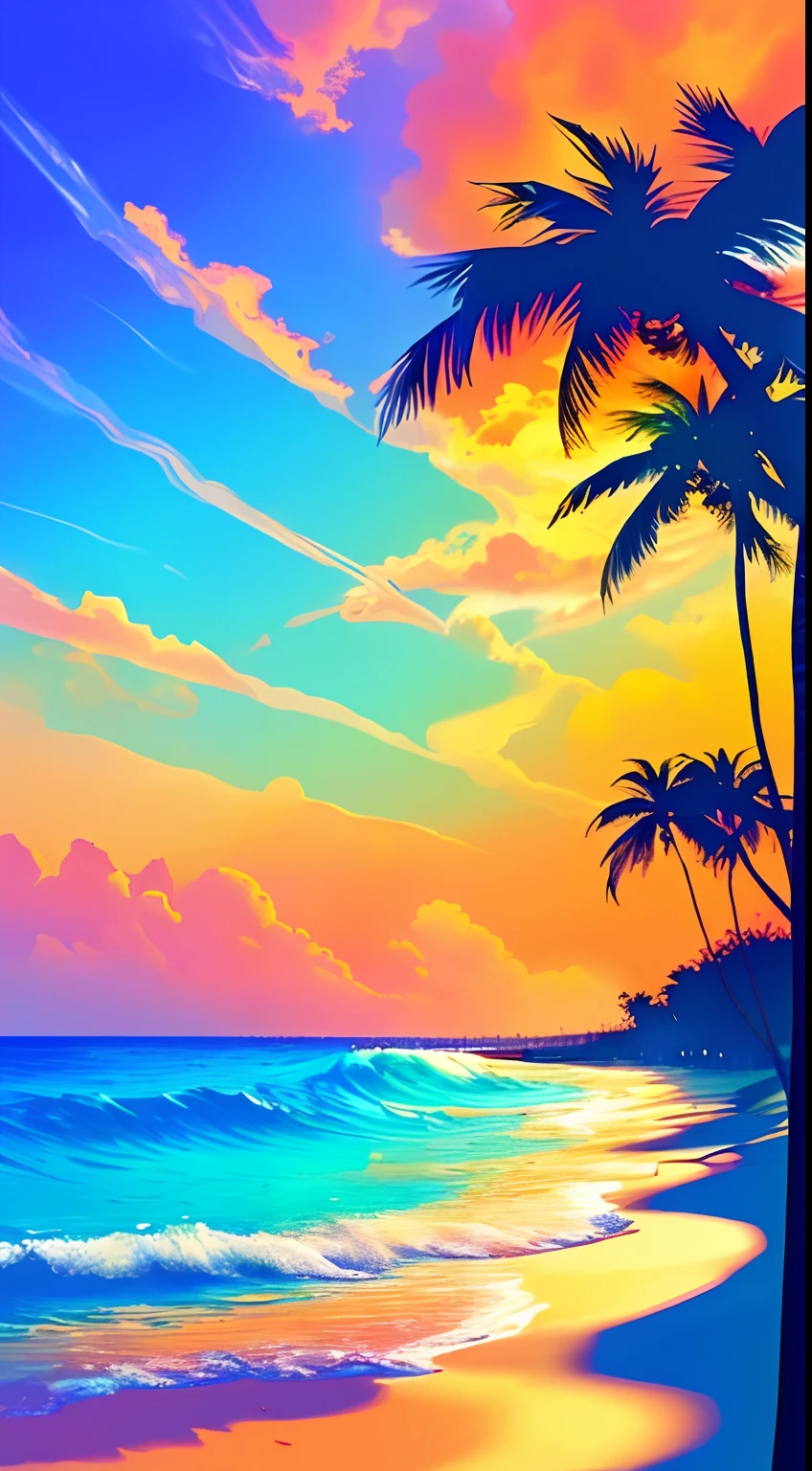 Create a 2D vector illustration for a summer-themed t-shirt design. The design should feature palm trees, with a surfing motif (surf: 1.1), and a combination of vibrant colors (combi). Incorporate sunrays to add a sunny and warm atmosphere to the illustration. Ensure the design is of the highest quality and can be considered a masterpiece (best quality, masterpiece: 1.3). Maintain a minimalist style, using a maximum of 8 colors to keep the design clean and visually appealing.