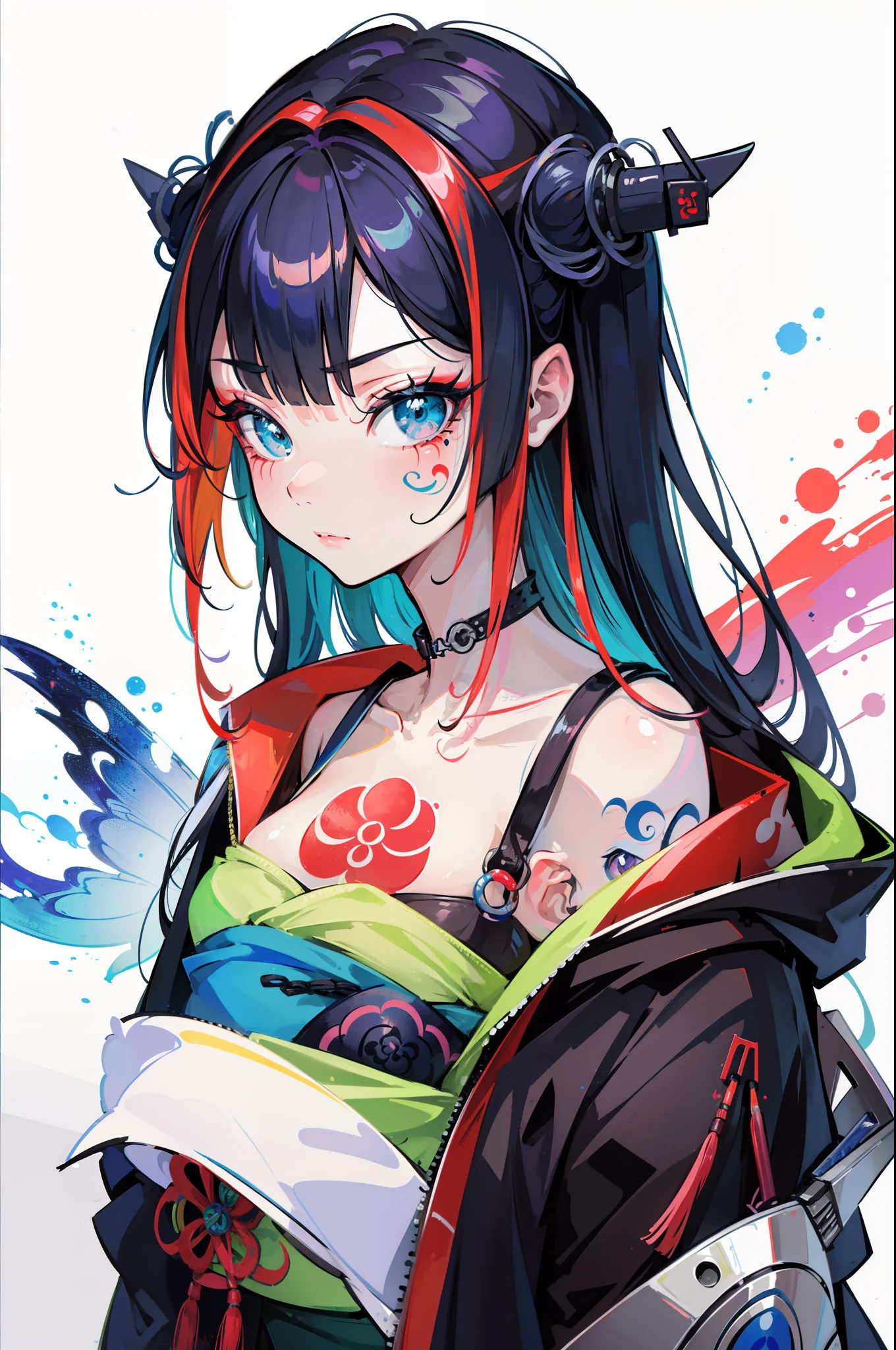 A professional drawing with colored pencils. Una geisha muy tatuada, with a strange expression and a big knife in his hand. Japanese and European style. Colores bien matizados, colores contrastantes. Un poco de estilo de graffiti y arte vectorial. ((La mejor calidad))